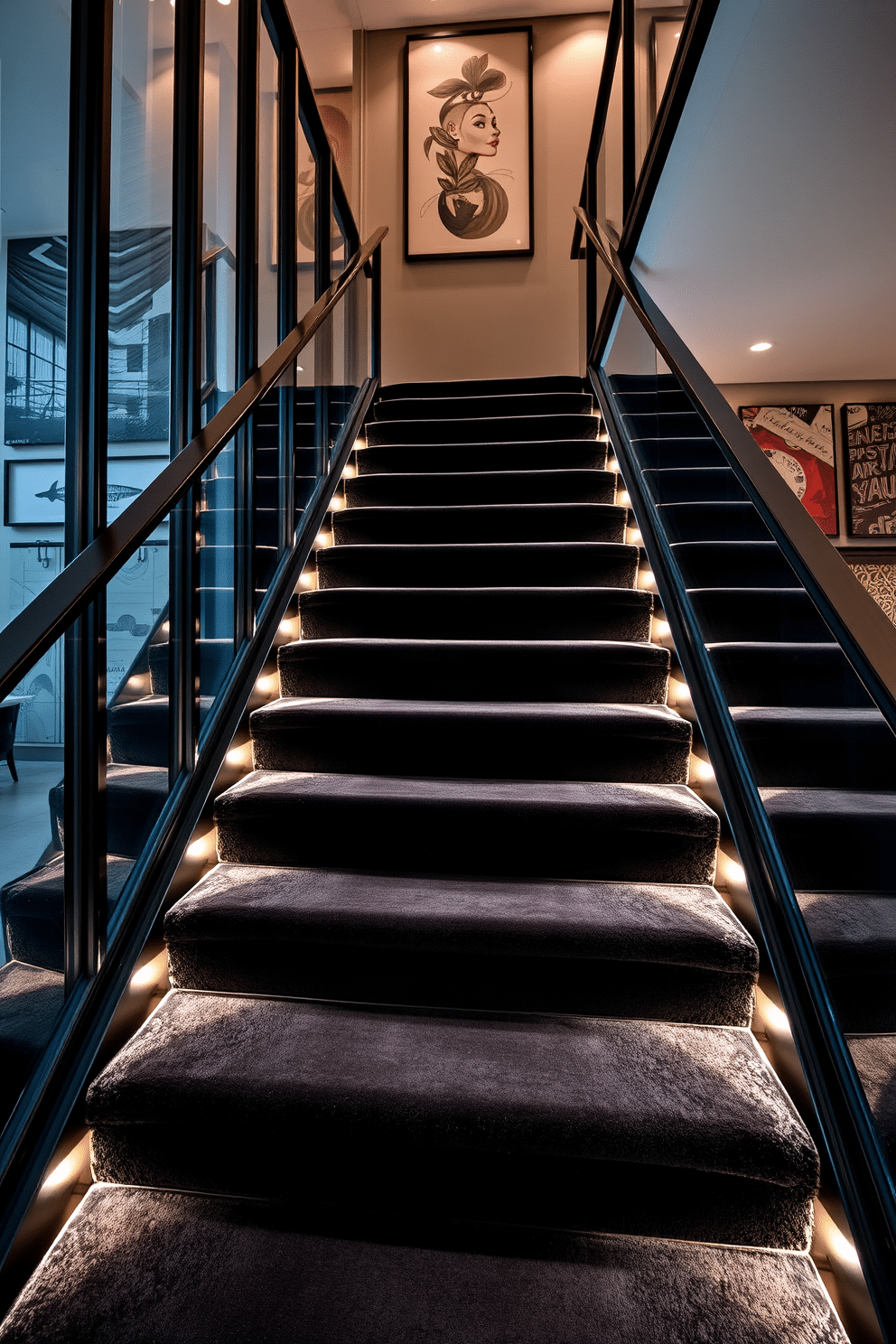 A luxurious black staircase features a plush velvet runner that adds a touch of elegance and comfort. The staircase is flanked by sleek glass panels, allowing light to flow through and enhance the dramatic design. The walls alongside the staircase are adorned with contemporary artwork, creating a striking contrast against the deep black tones. Soft LED lighting is integrated into the steps, highlighting the runner and providing a warm ambiance as you ascend.