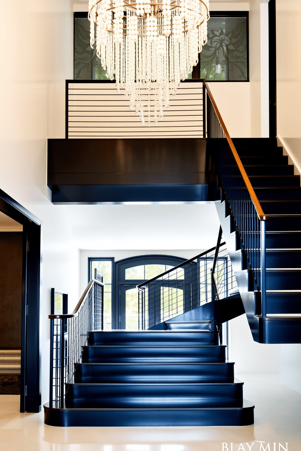 A striking black staircase ascends gracefully, featuring sleek, modern lines that create a dramatic focal point in the entryway. Above, a stunning statement chandelier cascades down, its crystals reflecting light and adding a touch of elegance to the space.