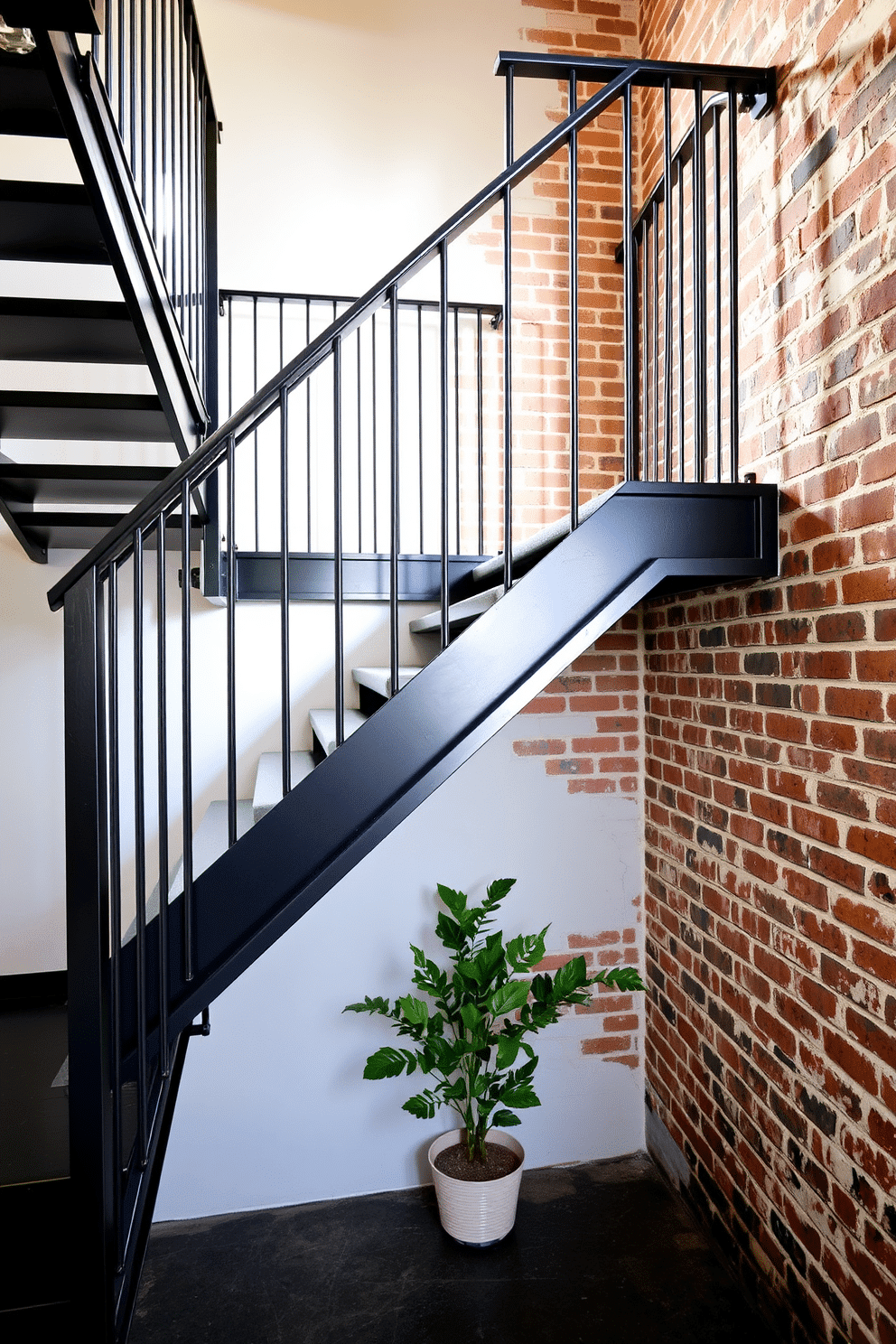 An industrial-style black staircase features sleek metal accents and a minimalist design that complements the surrounding space. The staircase is adorned with open risers and a railing made of wrought iron, allowing light to flow freely while showcasing the beauty of the materials. The steps are finished in a matte black, contrasting elegantly with the exposed brick wall nearby. Below the staircase, a small potted plant adds a touch of greenery, enhancing the industrial aesthetic while providing a cozy element to the overall design.