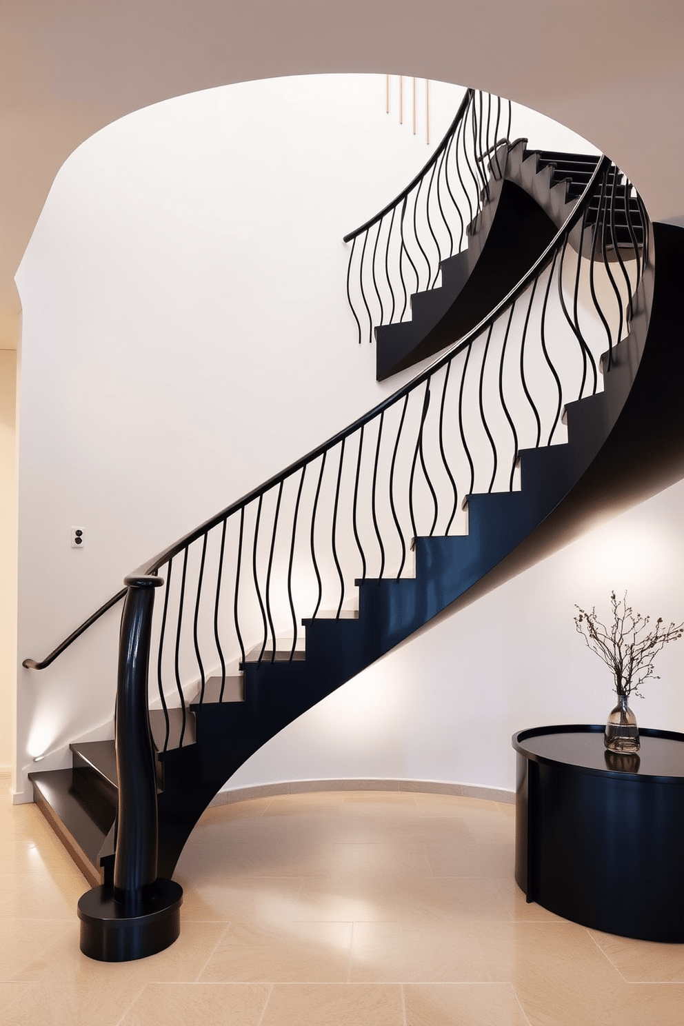 A striking sculptural black staircase ascends gracefully, featuring unique railings that twist elegantly, creating a visual focal point in the space. The staircase is illuminated by soft, ambient lighting that highlights its curves and contrasts beautifully with the surrounding light-colored walls.