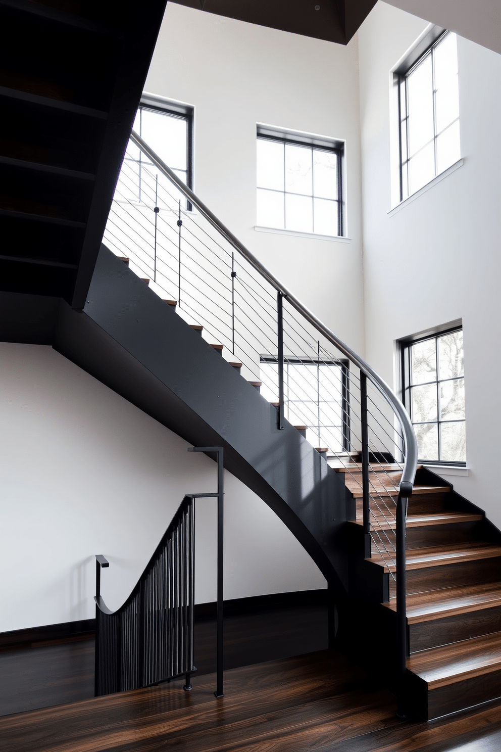 A striking black staircase features a sleek metal handrail that elegantly curves along the side. The steps are crafted from a rich, dark wood, creating a sophisticated contrast against the matte black finish of the staircase. Natural light floods the space through large windows, highlighting the clean lines and modern design. The surrounding walls are painted in a soft white, enhancing the staircase's dramatic presence while maintaining an open and airy feel.