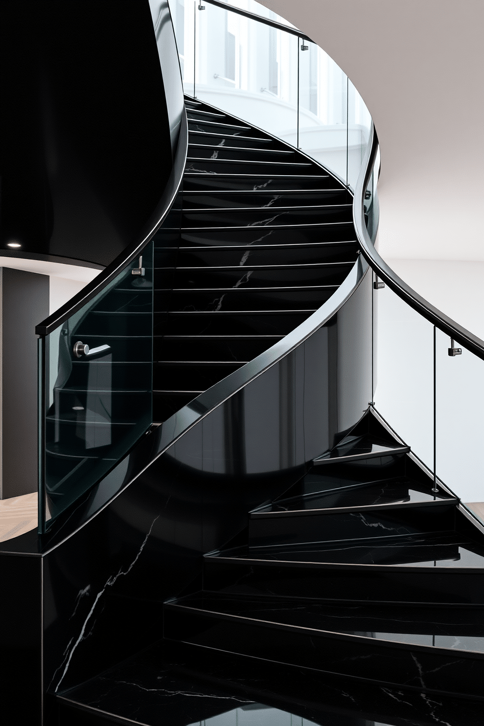 A sophisticated black staircase features sleek, polished steps that elegantly ascend to the next level. Marble accents adorn the staircase, with white and gray veining that adds a luxurious contrast to the deep black finish. The staircase is framed by a minimalist glass railing, allowing light to filter through while maintaining an open feel. Soft, recessed lighting highlights the curves of the staircase, creating a dramatic effect that enhances its architectural beauty.