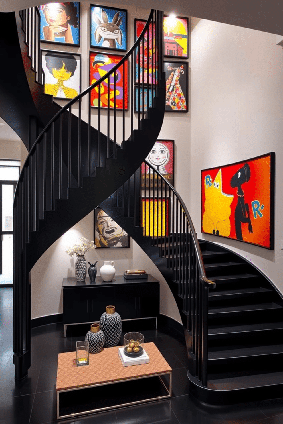 A striking black staircase elegantly curves upward, showcasing a vibrant display of contemporary artwork along the walls. The artwork features bold colors and abstract designs, creating a stunning contrast against the sleek black railing and steps. The staircase is illuminated by soft, recessed lighting that highlights each piece of art, enhancing the overall ambiance of the space. Below the staircase, a minimalist console table holds decorative items that complement the vibrant theme, adding to the visual interest of the area.