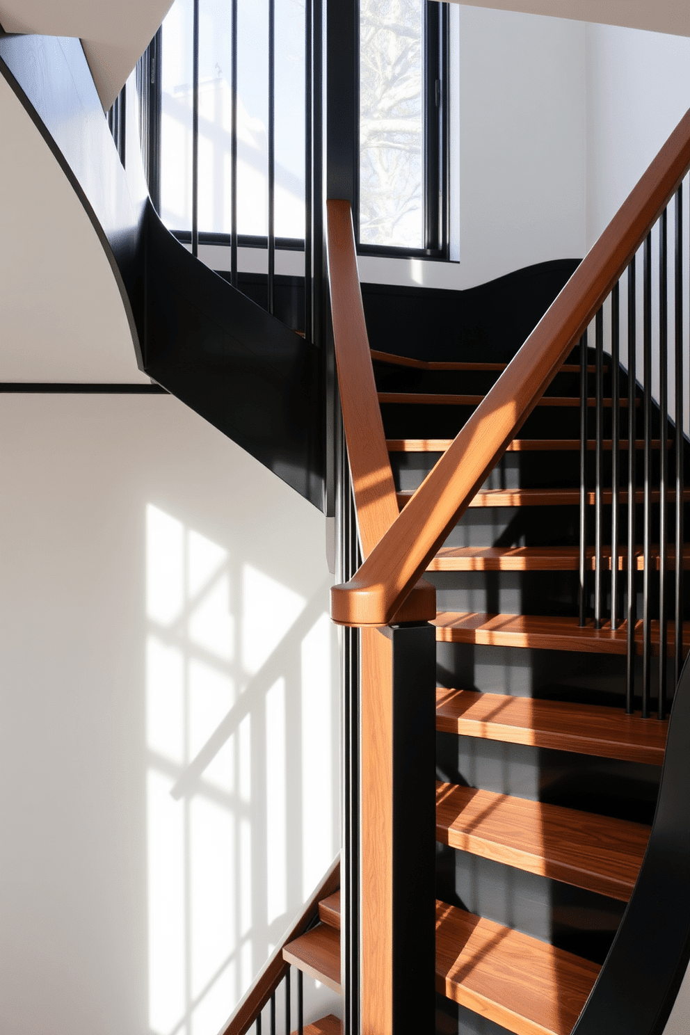 A striking black staircase features elegant, contrasting wooden elements that enhance its modern aesthetic. The treads are crafted from rich walnut, providing warmth against the sleek black railing and risers. Natural light filters through a nearby window, casting shadows that highlight the staircase's architectural details. The surrounding walls are painted in a soft white, creating a stunning backdrop that emphasizes the staircase's bold design.