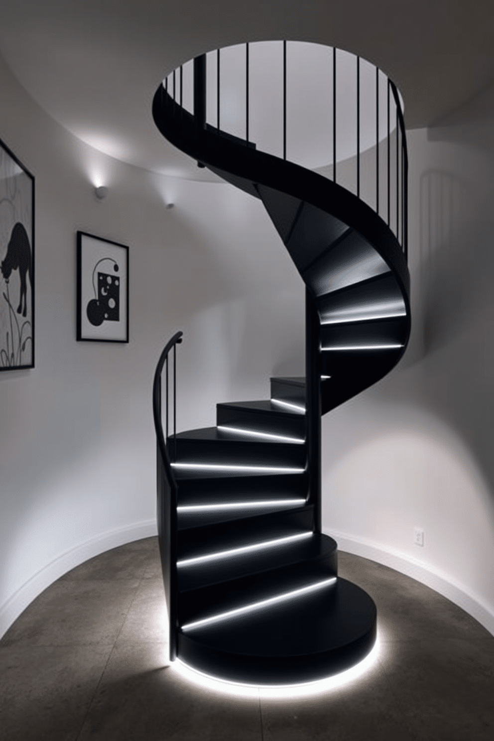 A sleek, futuristic black staircase spirals elegantly upwards, featuring illuminated steps that glow softly in the dim light. The surrounding walls are adorned with minimalist art, enhancing the modern aesthetic of the space. The staircase is crafted from a matte black material, creating a striking contrast against the polished concrete floor below. Underneath, a subtle LED strip casts a warm glow, highlighting the unique design and inviting a sense of sophistication.