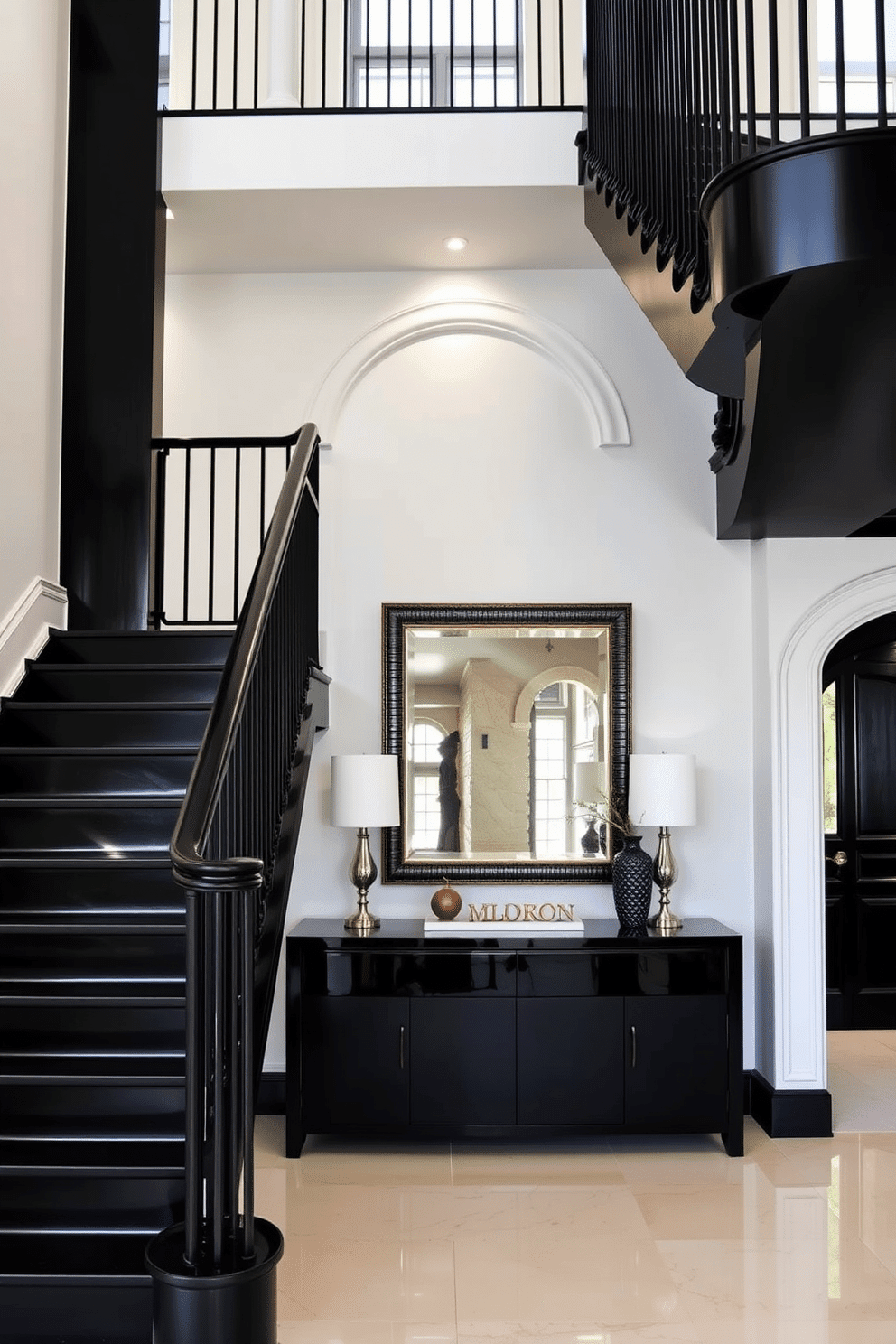 A striking black staircase with a sleek, modern design leads up to an elegant archway entrance. The staircase features polished black railings and contrasting white steps, creating a dramatic focal point in the entryway. The archway is adorned with intricate moldings and soft ambient lighting that highlights its curves. Beneath the arch, a stylish console table is placed, showcasing decorative elements that complement the sophisticated aesthetic of the space.