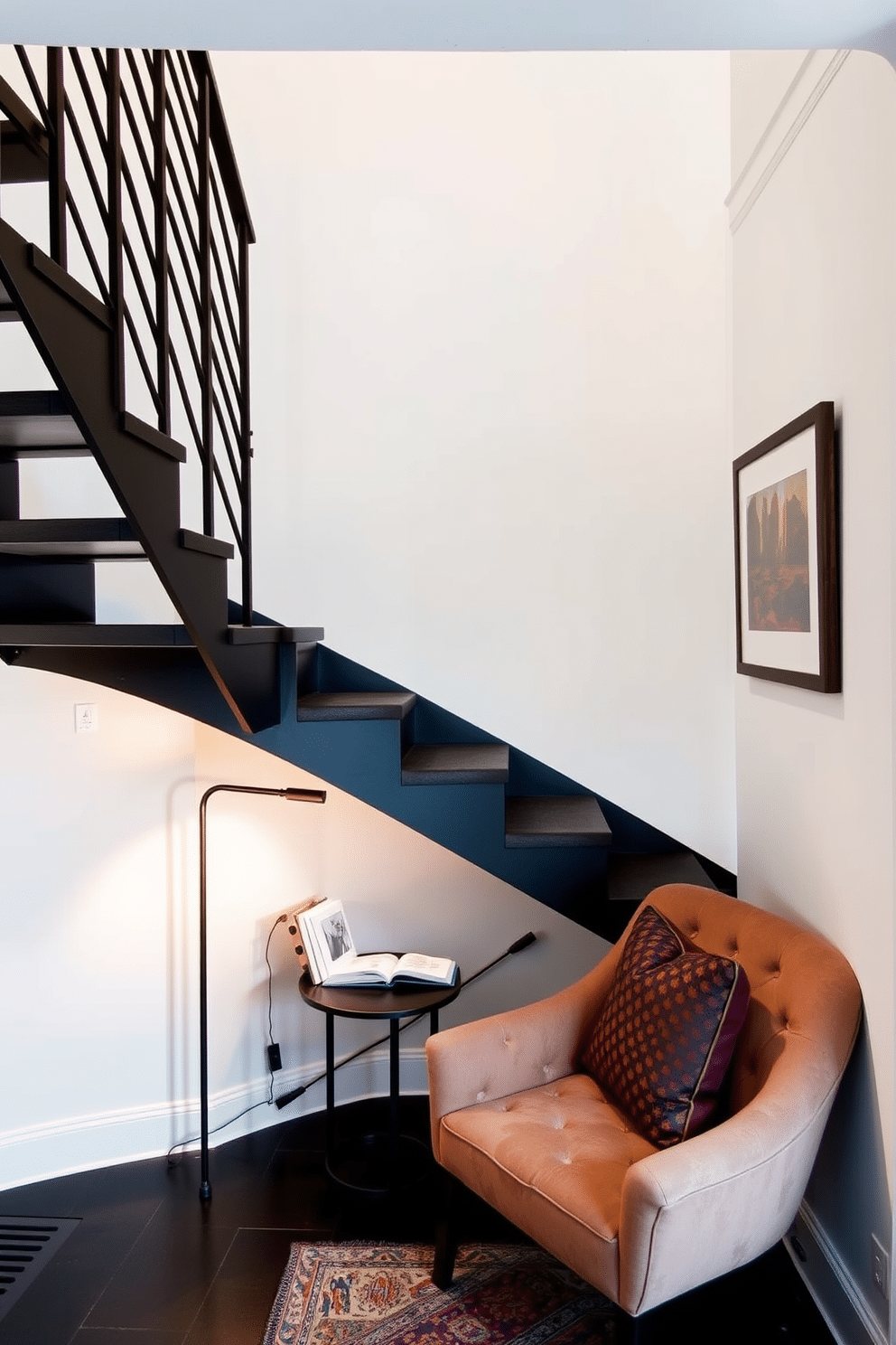 A striking black staircase ascends gracefully, featuring sleek metal railings that complement its modern aesthetic. Nestled at the base of the staircase is a cozy reading nook, adorned with a plush armchair and a small side table, creating an inviting space to unwind with a book. The nook is illuminated by a stylish floor lamp, casting a warm glow that enhances the intimate atmosphere. Soft, decorative cushions in rich textures and colors add comfort and style, making this corner a perfect retreat.