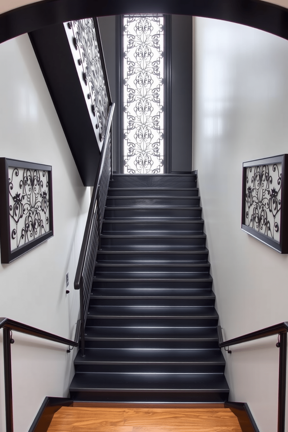 Chic black staircase featuring elegant decorative screens on either side. The staircase is framed by sleek metal railings, with a polished wooden landing that complements the modern aesthetic.