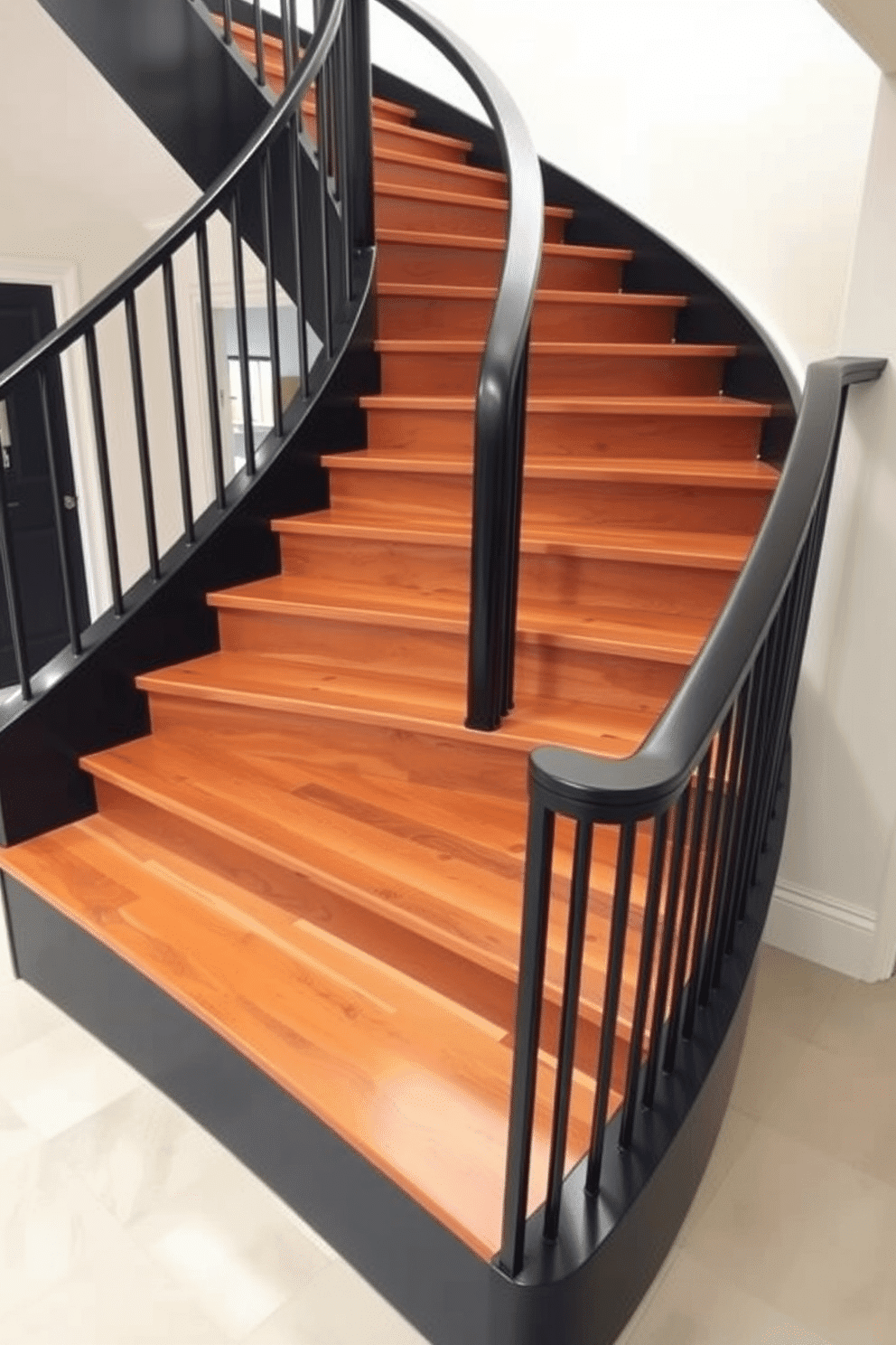 A striking curved black staircase features elegant wooden treads that add warmth to the modern design. The staircase gracefully ascends, creating a stunning focal point in the entryway, with sleek black railings enhancing its contemporary appeal.