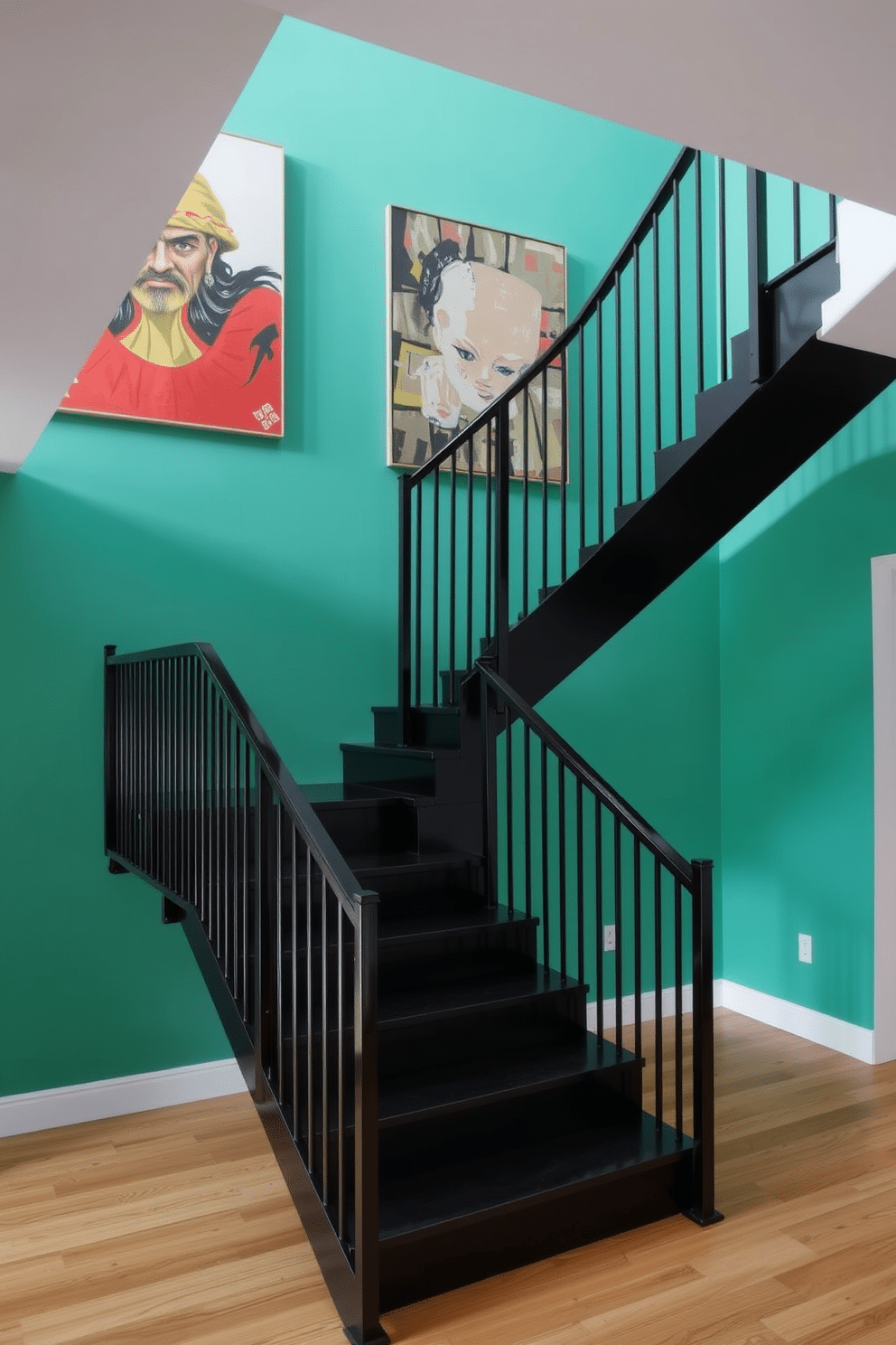 A striking black staircase ascends gracefully, contrasting against a vibrant wall painted in a bold hue, creating a dramatic focal point in the space. The staircase features sleek, modern railings that enhance its contemporary aesthetic, while the wall backdrop is adorned with abstract art that complements the color scheme.