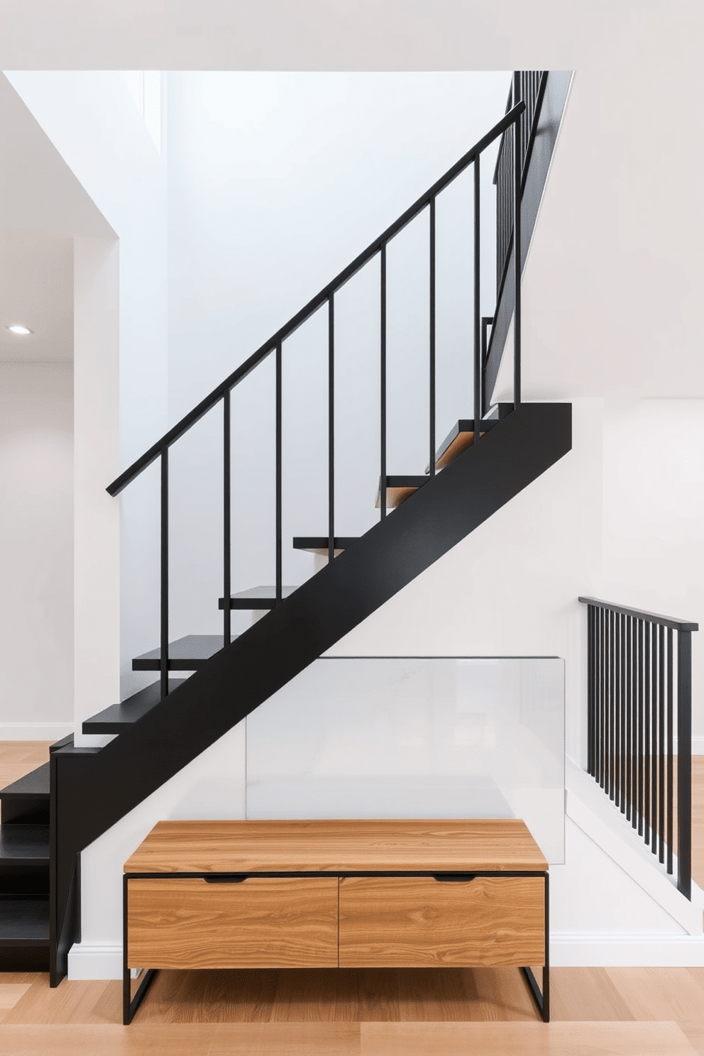 A minimalist black staircase features open risers that create an airy and spacious feel. The sleek, matte black finish contrasts beautifully with the surrounding white walls, enhancing the modern aesthetic of the space. The staircase is illuminated by strategically placed recessed lighting, which highlights the clean lines and geometric shapes. Below, a simple yet elegant console table in natural wood adds warmth and functionality without detracting from the overall minimalist design.