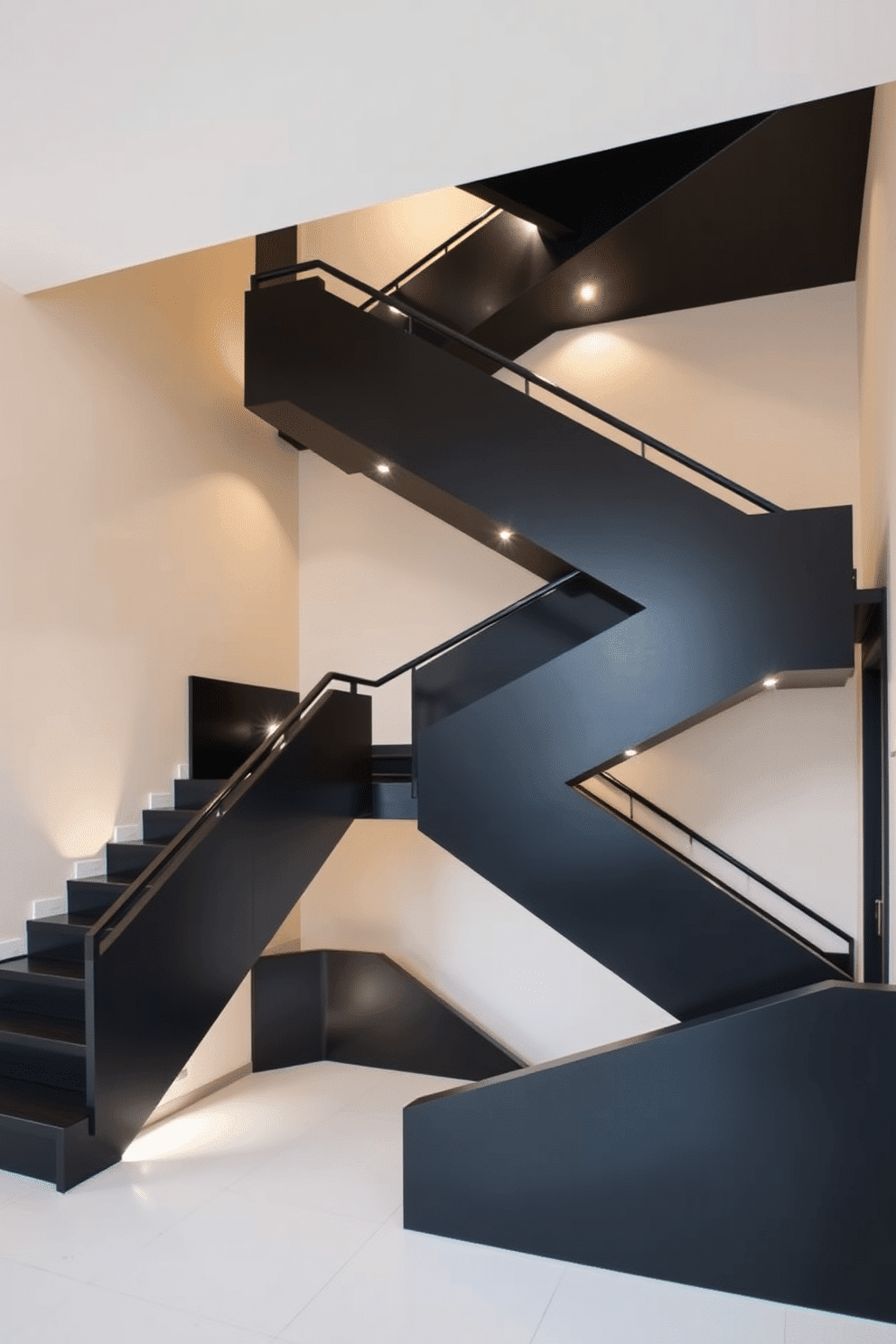 A striking geometric black staircase features an array of unique shapes that create a modern focal point in the space. The sleek black finish contrasts beautifully with the surrounding light-colored walls, enhancing the staircase's architectural interest. Illuminated by strategically placed LED lights, the staircase casts intriguing shadows and highlights its bold design. The surrounding area is minimalistic, allowing the uniqueness of the staircase to take center stage.