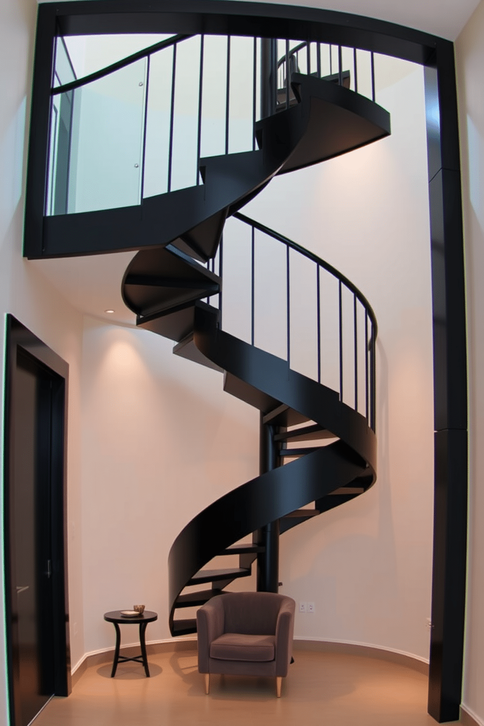 A striking black spiral staircase with sleek, modern lines ascends gracefully to the upper level. The staircase is surrounded by a minimalist glass railing that enhances its contemporary aesthetic, while the dark finish of the stairs contrasts beautifully with the light-colored walls. Beneath the staircase, a small, stylish seating area features a plush armchair and a contemporary side table. Soft ambient lighting highlights the staircase's elegant curves, creating a dramatic focal point in the room.