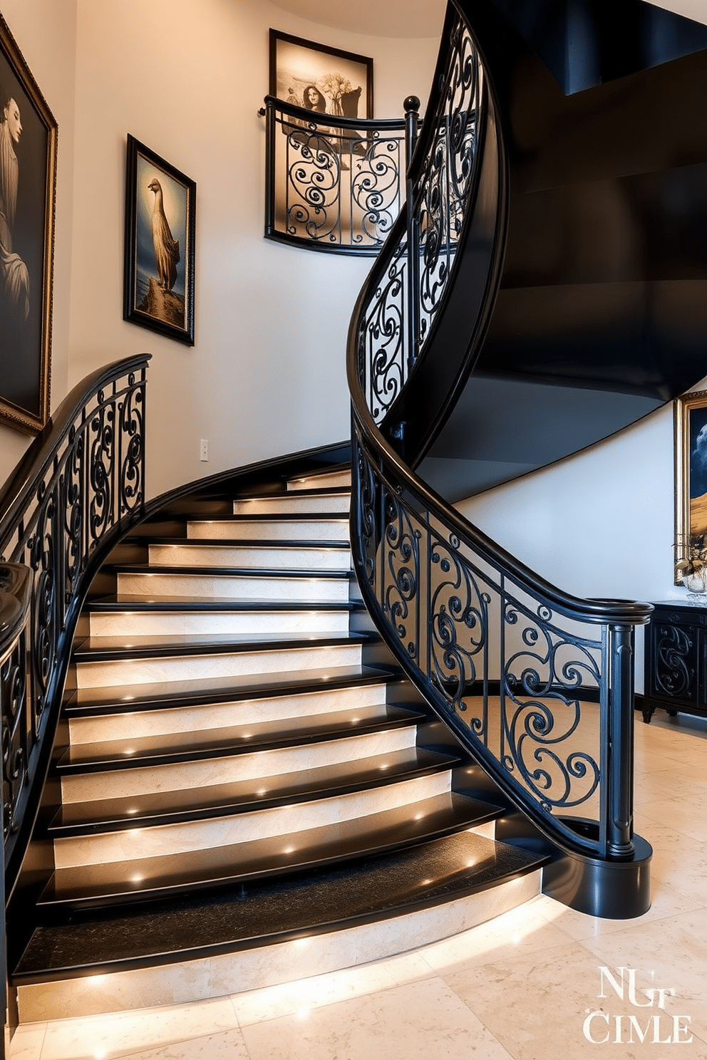 Elegant black staircase with wrought iron details. The staircase features a sleek, curved design with a glossy black finish, complemented by intricate wrought iron railings that add a touch of sophistication. The steps are illuminated by soft, recessed lighting that highlights the craftsmanship of the staircase. Surrounding the staircase, the walls are adorned with contemporary artwork, enhancing the overall elegance of the space.