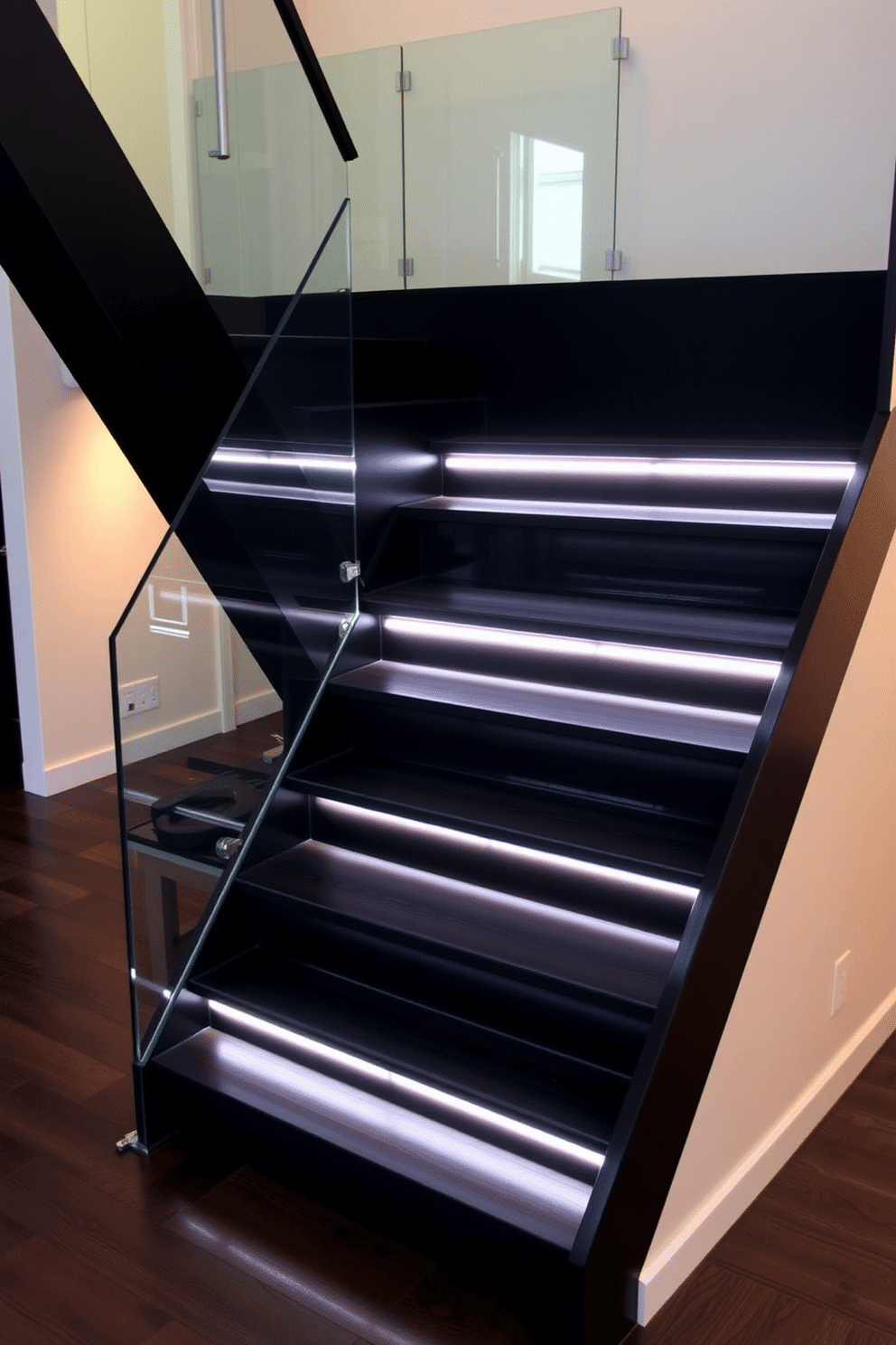 A contemporary black staircase features sleek, straight lines with a minimalist aesthetic. LED lighting is integrated along the steps, casting a warm glow that highlights the staircase's modern design. The staircase is surrounded by a glass railing that enhances the open feel of the space. Dark hardwood flooring complements the black staircase, creating a seamless transition between levels.