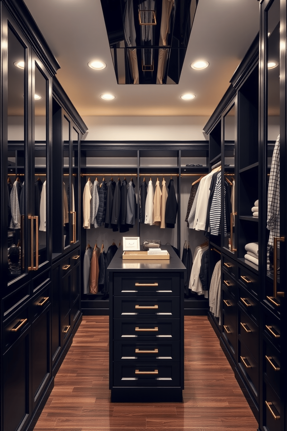 A sleek black walk-in closet features custom cabinetry with gold accents that add a touch of luxury. The spacious design includes a central island for accessories, surrounded by organized shelving and hanging space for clothing.