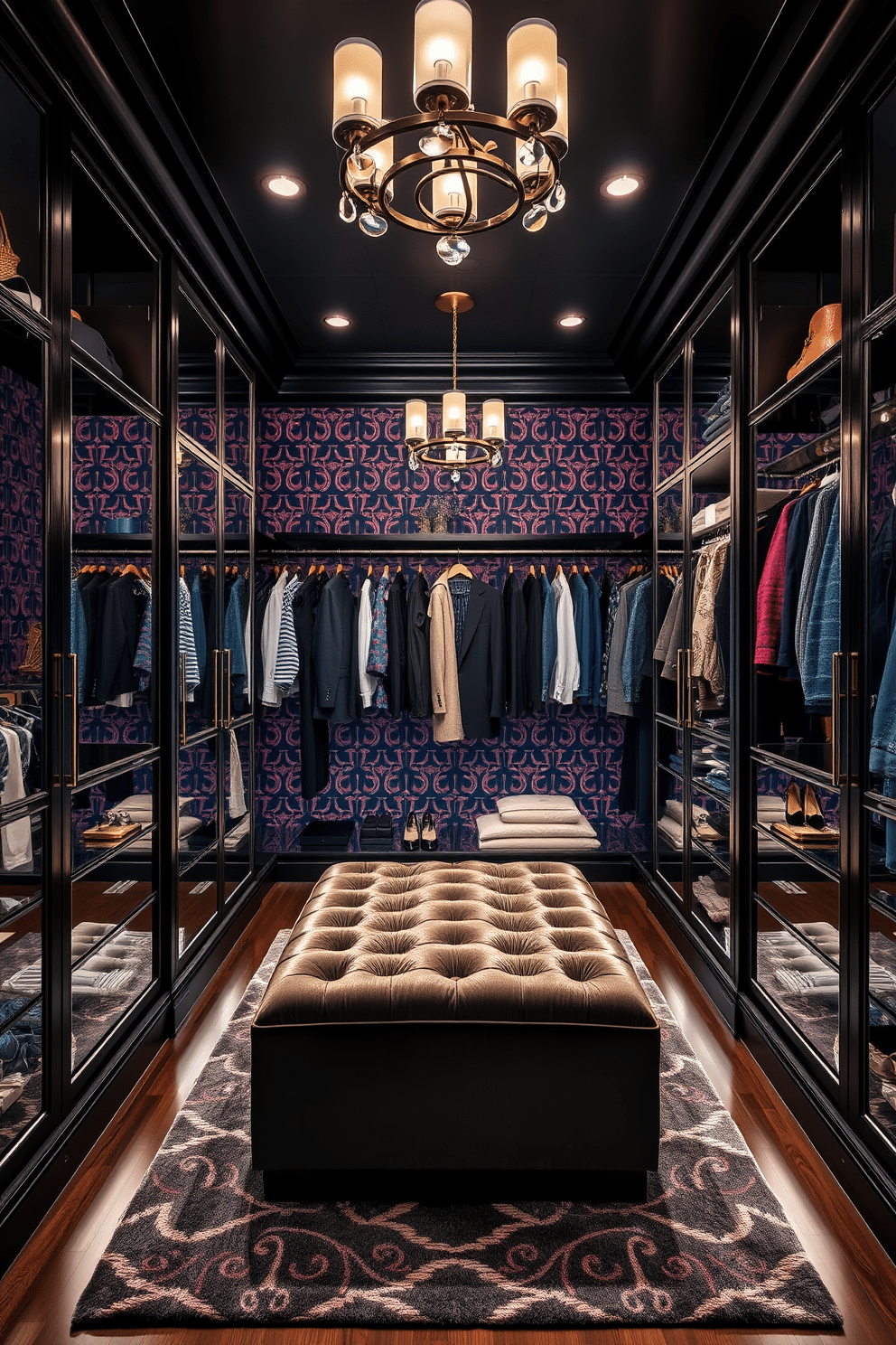 A luxurious walk-in closet featuring bold patterned wallpaper that adds a striking visual interest to the space. The closet is designed with dark wooden shelving, a plush ottoman in the center, and elegant lighting fixtures that enhance the overall sophistication. The walls are adorned with a geometric print in rich colors, creating a vibrant backdrop for the high-end clothing and accessories displayed. Mirrored accents and decorative elements like a stylish rug complete the look, making it a perfect blend of functionality and glamour.