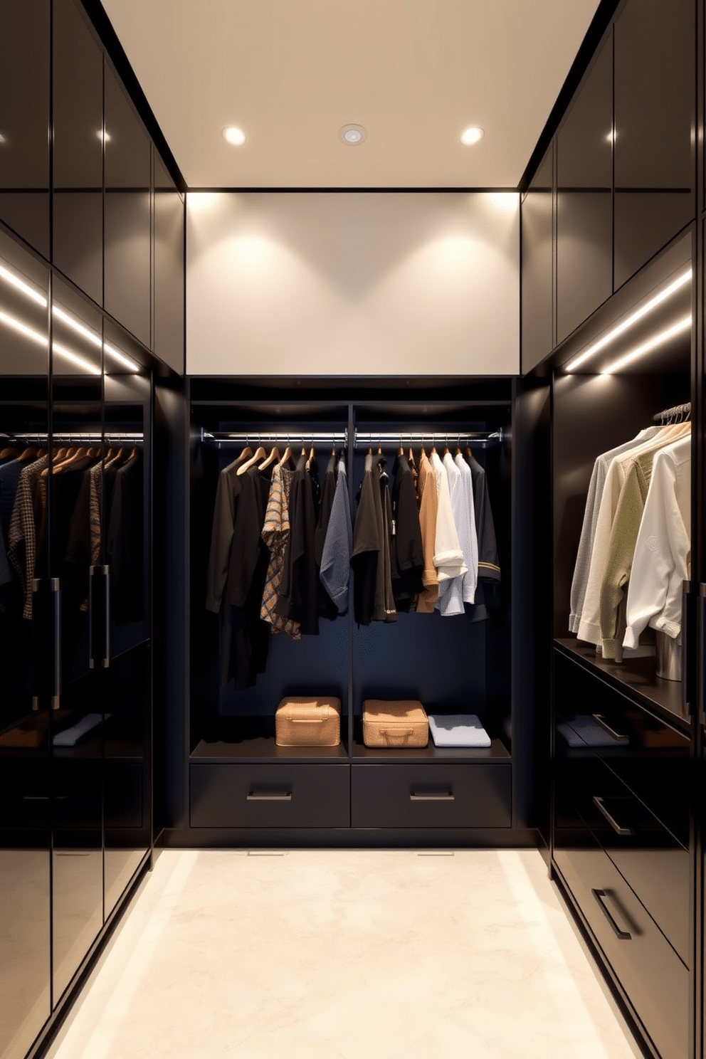 A luxurious walk-in closet featuring dual-level hanging rods for versatile storage. The design incorporates sleek black cabinetry with integrated lighting, creating an elegant and functional space.