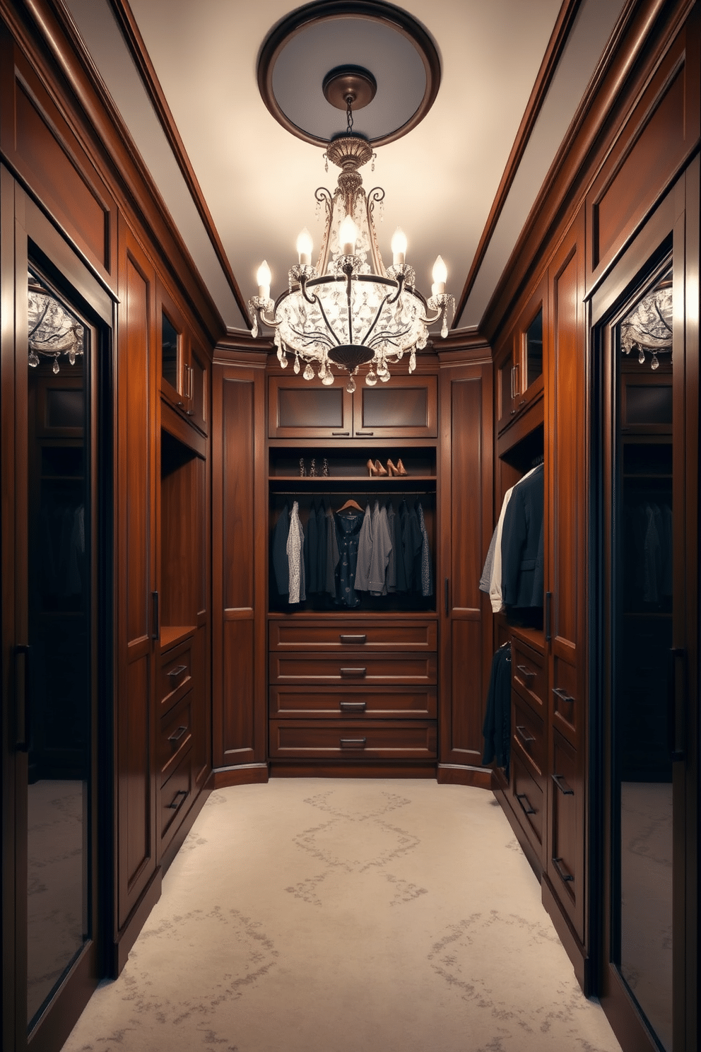 A luxurious walk-in closet featuring an elegant chandelier that adds a touch of glamour to the space. The walls are lined with custom cabinetry in a rich wood finish, and plush carpeting underfoot enhances the feeling of sophistication.