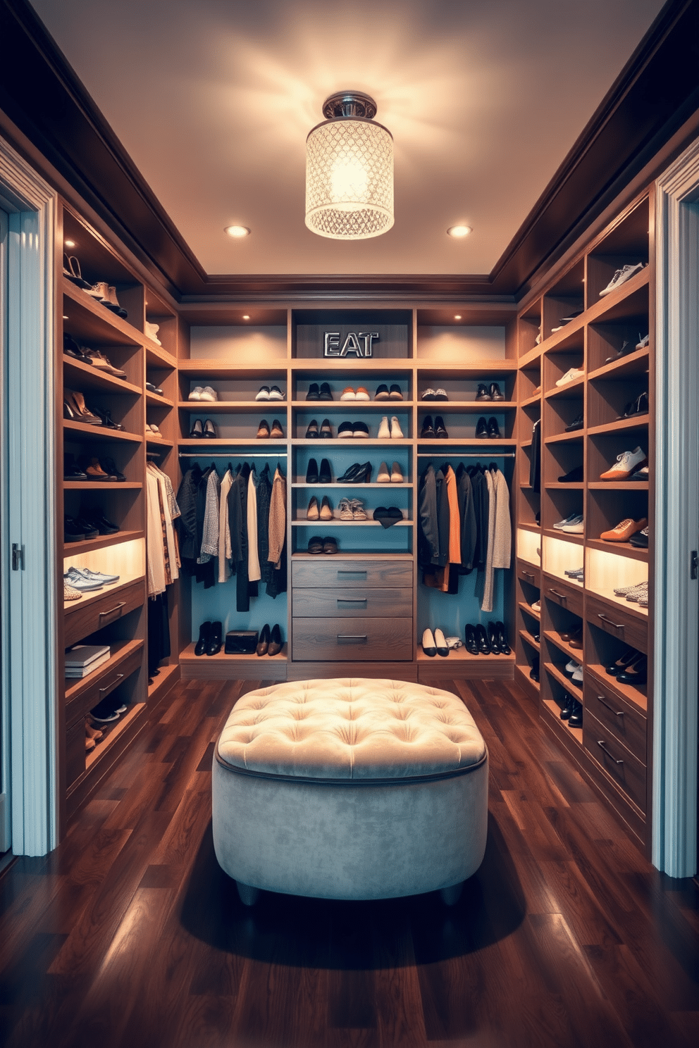 A cozy walk-in closet featuring dark wood flooring that adds warmth and elegance to the space. The walls are lined with custom shelving units, displaying a curated collection of shoes and accessories, while a plush ottoman sits in the center for comfort.