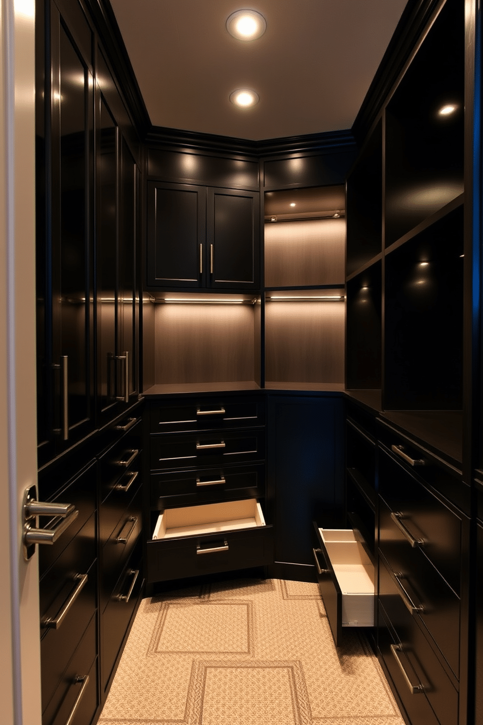 A luxurious walk-in closet featuring built-in drawers for easy organization. The space is illuminated by soft, recessed lighting, highlighting the sleek black cabinetry and elegant finishes.