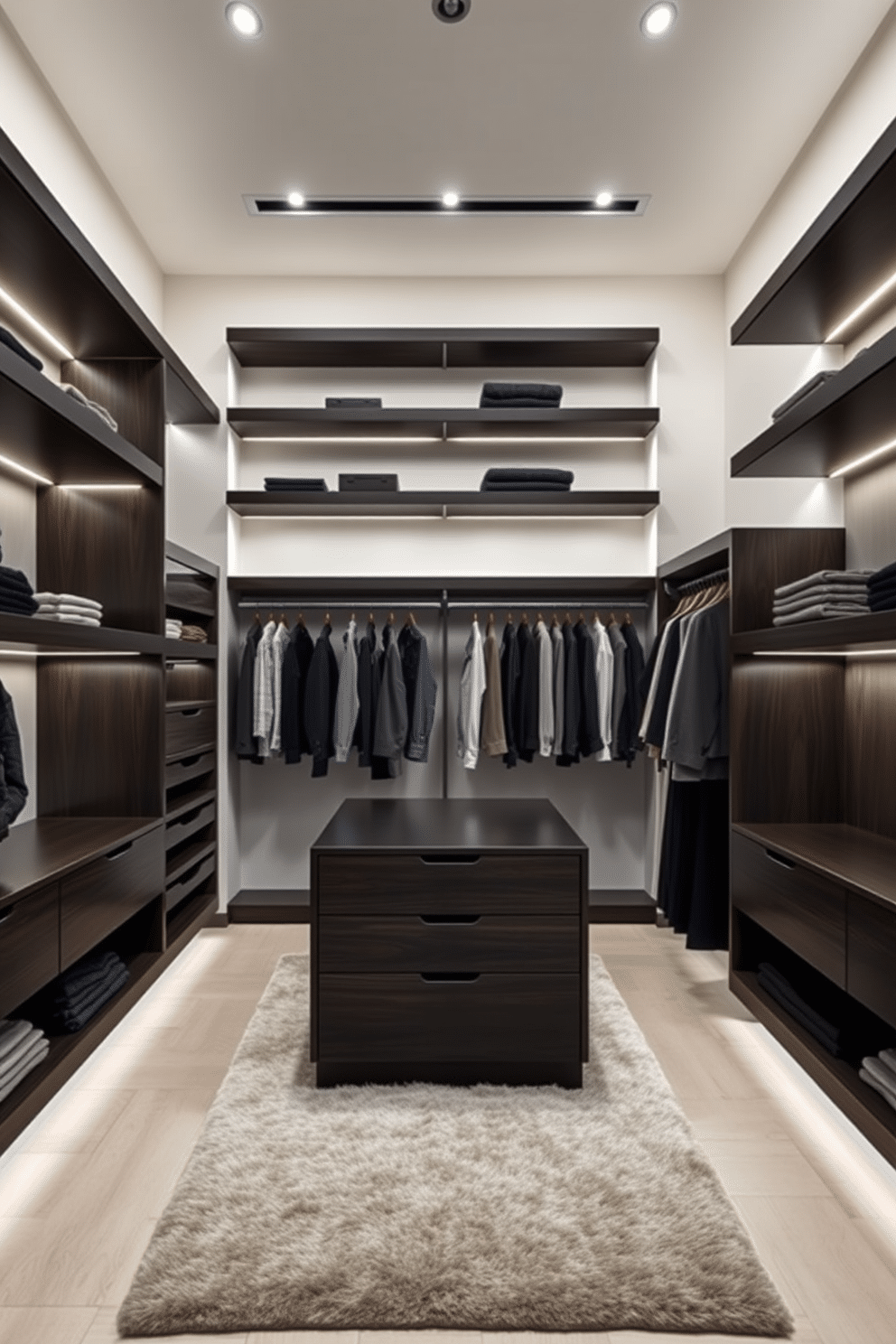 A sleek walk-in closet design featuring floating shelves for a modern aesthetic. The shelves are made of dark wood, providing a striking contrast against the light-colored walls, while a plush area rug adds warmth to the space. Incorporate a stylish island in the center with drawers for accessories, surrounded by organized hanging spaces. Soft LED lighting highlights the shelves and creates an inviting atmosphere, making the closet both functional and chic.