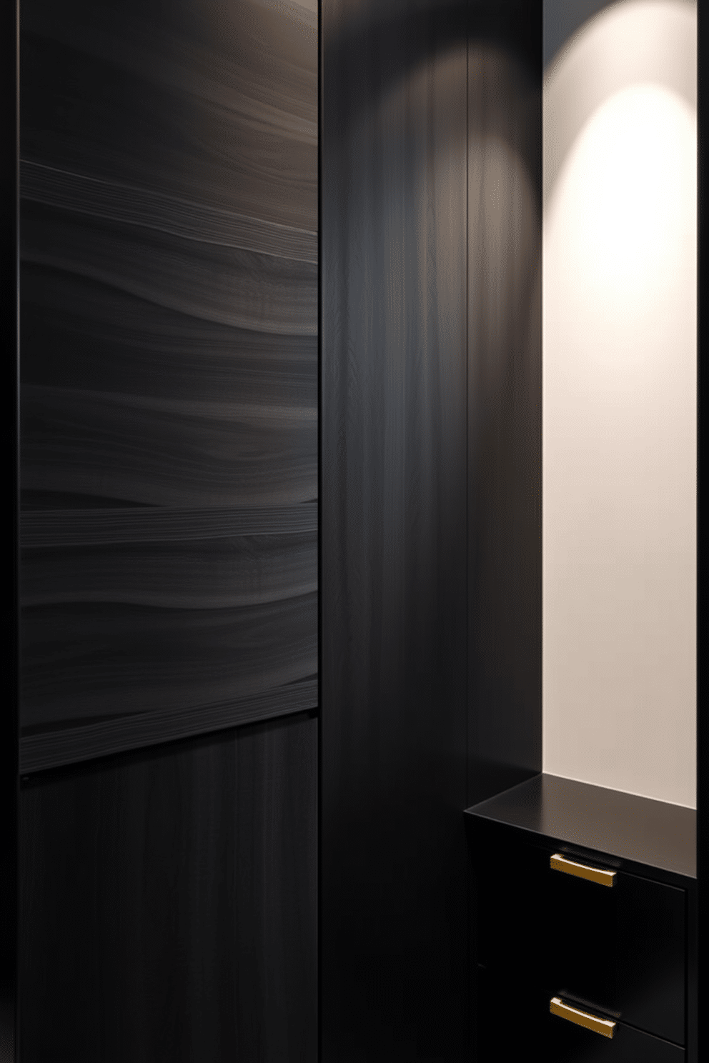 Accent wall with textured black panels. The wall features a dynamic interplay of shadows and light, creating depth and sophistication in the space. Black walk-in closet design ideas. Sleek cabinetry with gold hardware complements the rich black tones, while strategically placed lighting enhances the luxurious atmosphere.