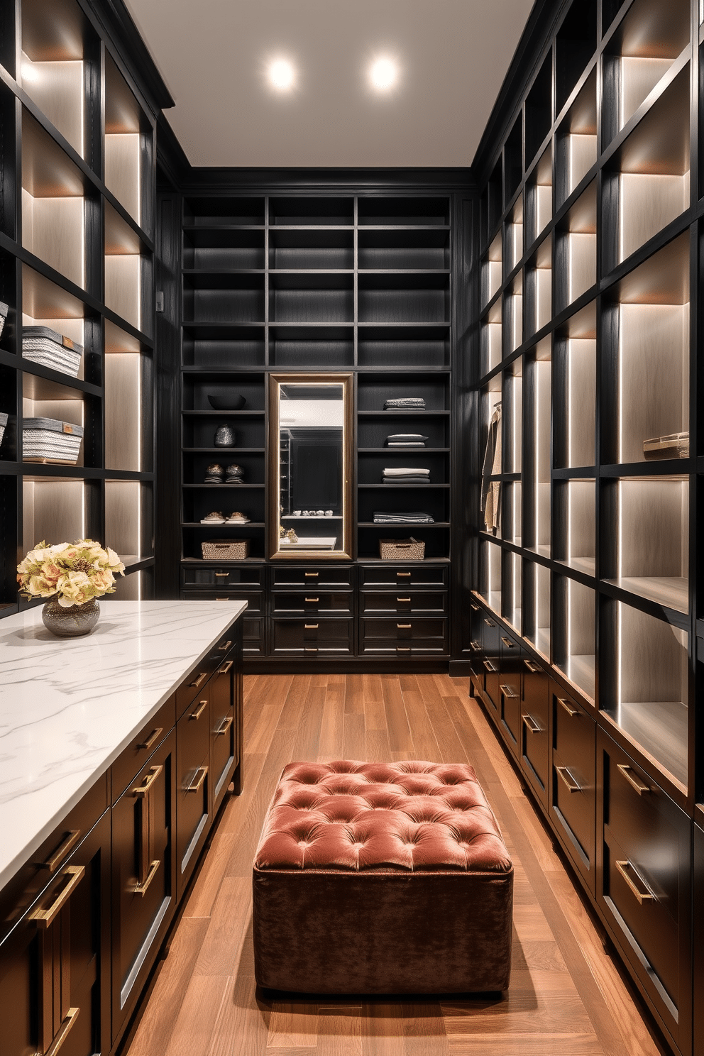 A stylish island with ample storage space features a sleek, dark wood finish and a polished quartz countertop. Underneath, stylish cabinetry with brass hardware provides both functionality and elegance, while decorative baskets add a touch of warmth. The black walk-in closet design showcases floor-to-ceiling shelving made of rich ebony wood, creating a dramatic contrast against the soft, ambient lighting. A plush, velvet ottoman sits in the center, offering a chic seating area for dressing, while a full-length mirror reflects the sophisticated design.