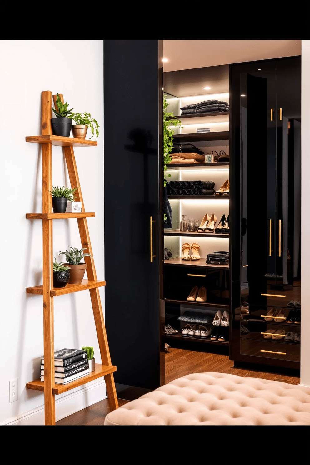 A stylish ladder shelf made of reclaimed wood leans against the wall, showcasing an array of potted plants, books, and decorative items. The warm tones of the wood contrast beautifully with the crisp white walls, creating an inviting focal point in the room. The walk-in closet features sleek black cabinetry with gold hardware, providing a modern and luxurious feel. Soft LED lighting illuminates the space, highlighting the organized shelves filled with shoes and accessories, while a plush ottoman adds a touch of comfort.