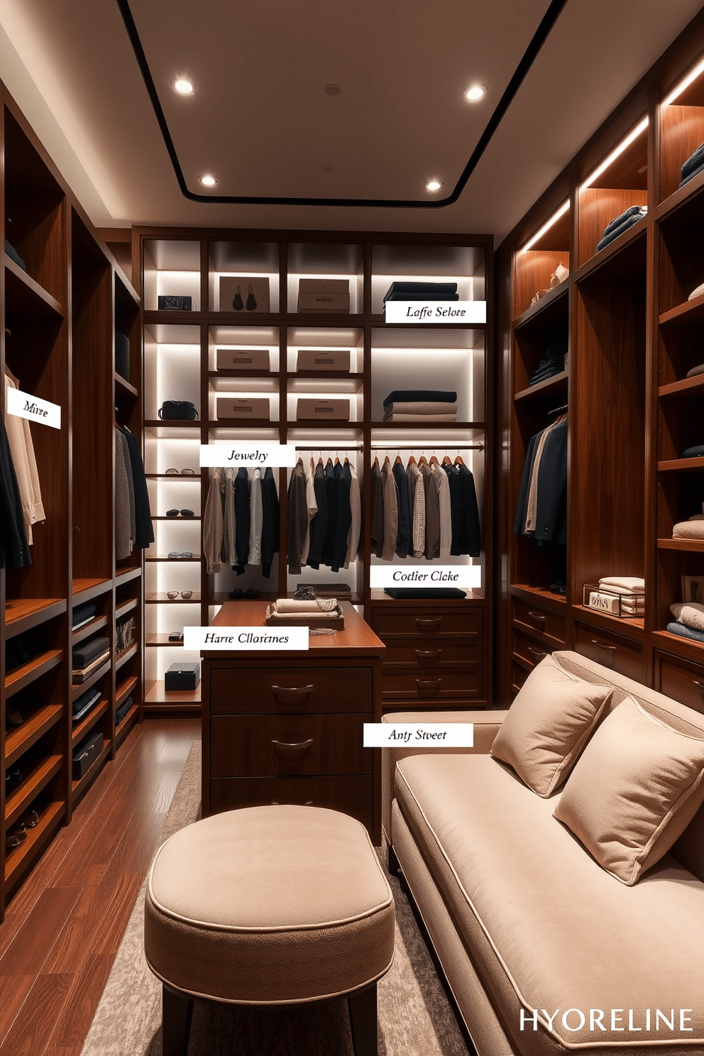 A luxurious walk-in closet featuring personalized name tags for easy access to clothing and accessories. The space is elegantly designed with custom shelving, soft lighting, and rich wood finishes that create a sophisticated atmosphere. The closet includes a central island with drawers for jewelry and small items, while plush seating invites relaxation. Each section is clearly labeled with stylish name tags, ensuring a seamless and organized experience.