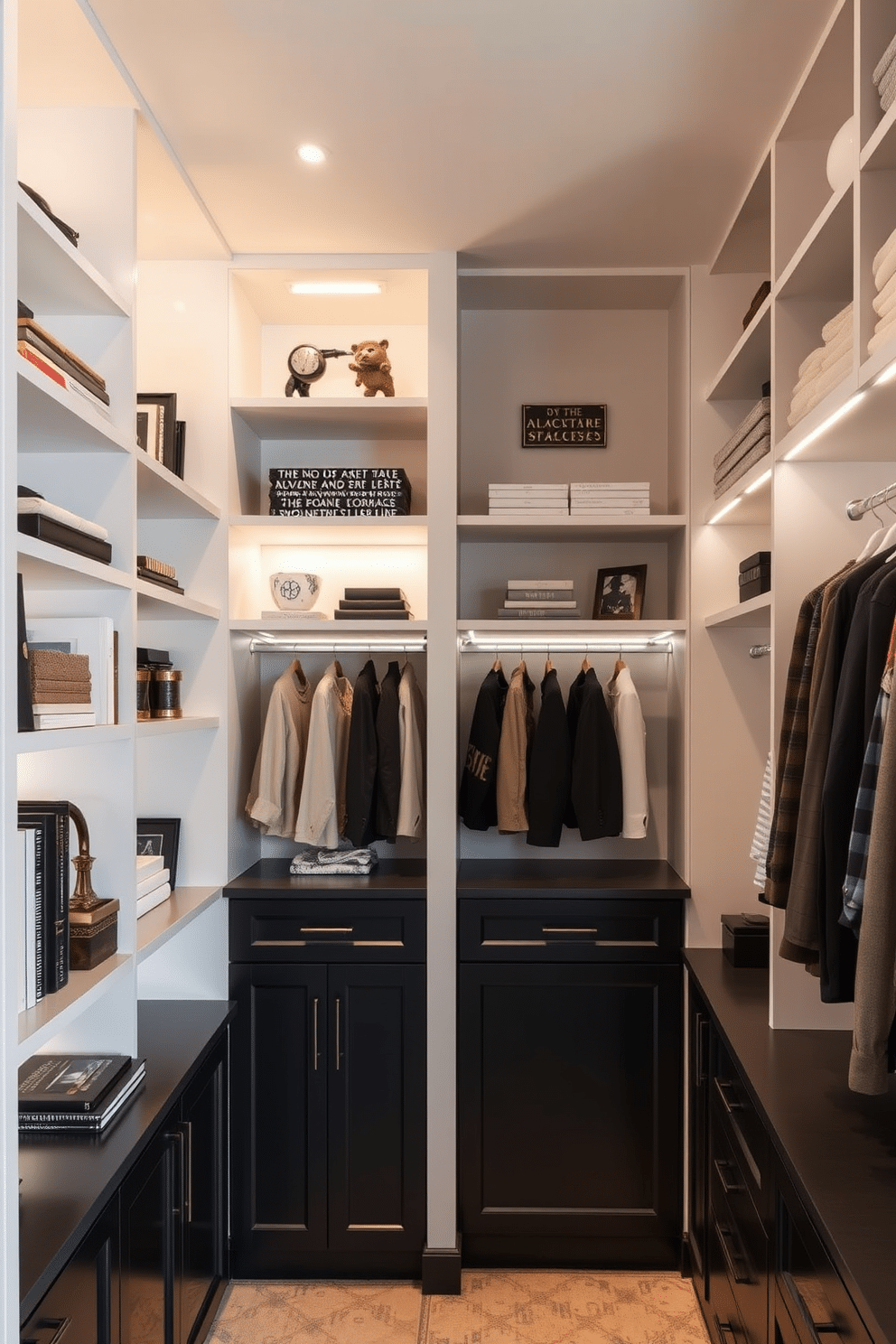 Open shelving creates an airy and modern feel, showcasing curated items against contrasting white walls. The shelves are filled with neatly organized books, decorative boxes, and personal mementos, enhancing the space's aesthetic appeal. The black walk-in closet features sleek, custom cabinetry with ample storage for clothing and accessories. Soft lighting illuminates the space, highlighting the elegant design and making it a luxurious retreat for wardrobe organization.