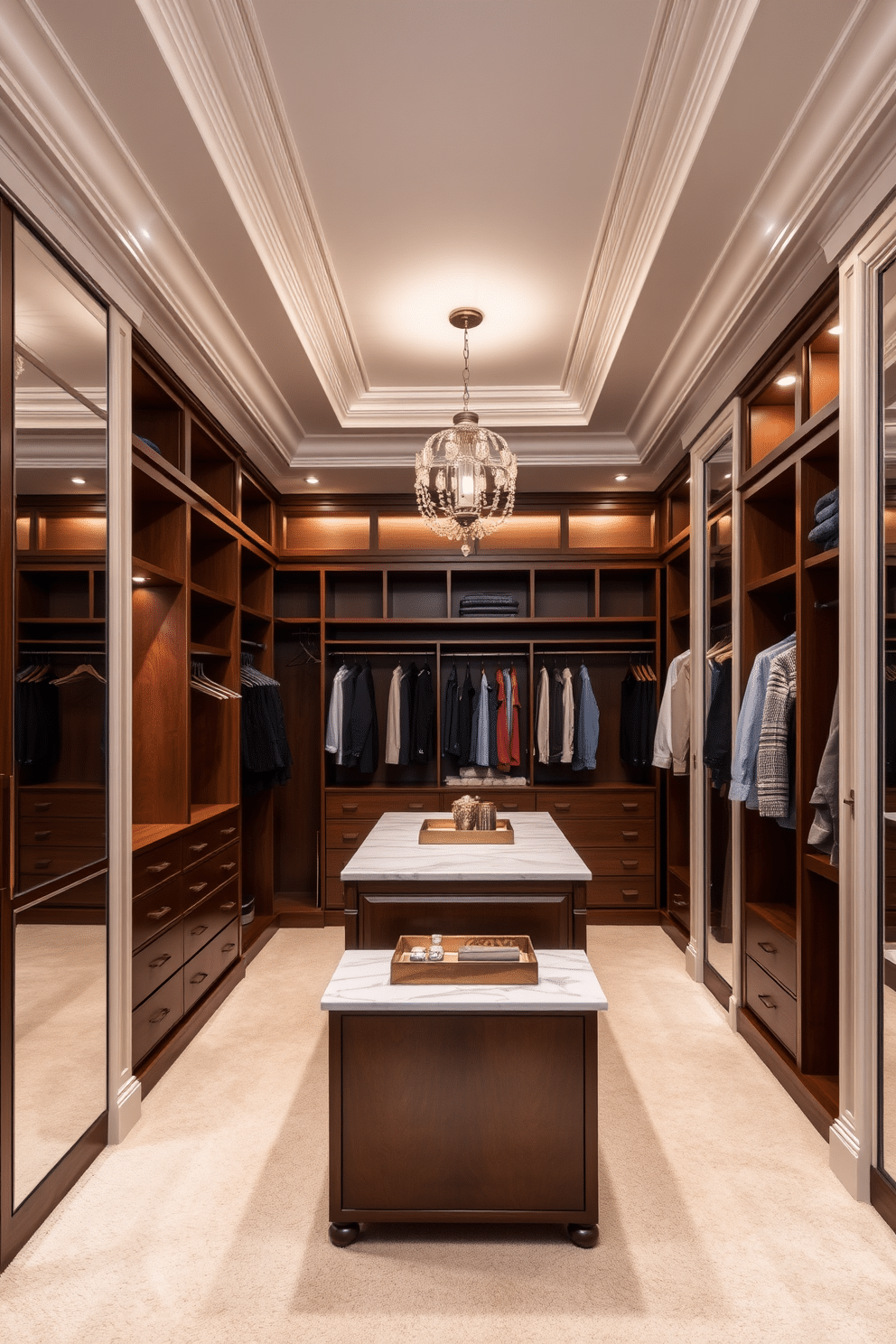 A luxurious walk-in closet featuring elegant crown molding that enhances the overall aesthetic. The space is designed with rich wooden shelves and hanging rods, complemented by soft lighting that creates a warm ambiance. The closet showcases a central island with a marble top, adorned with decorative trays for accessories. Plush carpeting underfoot adds comfort, while a large mirror reflects the sophistication of the design.