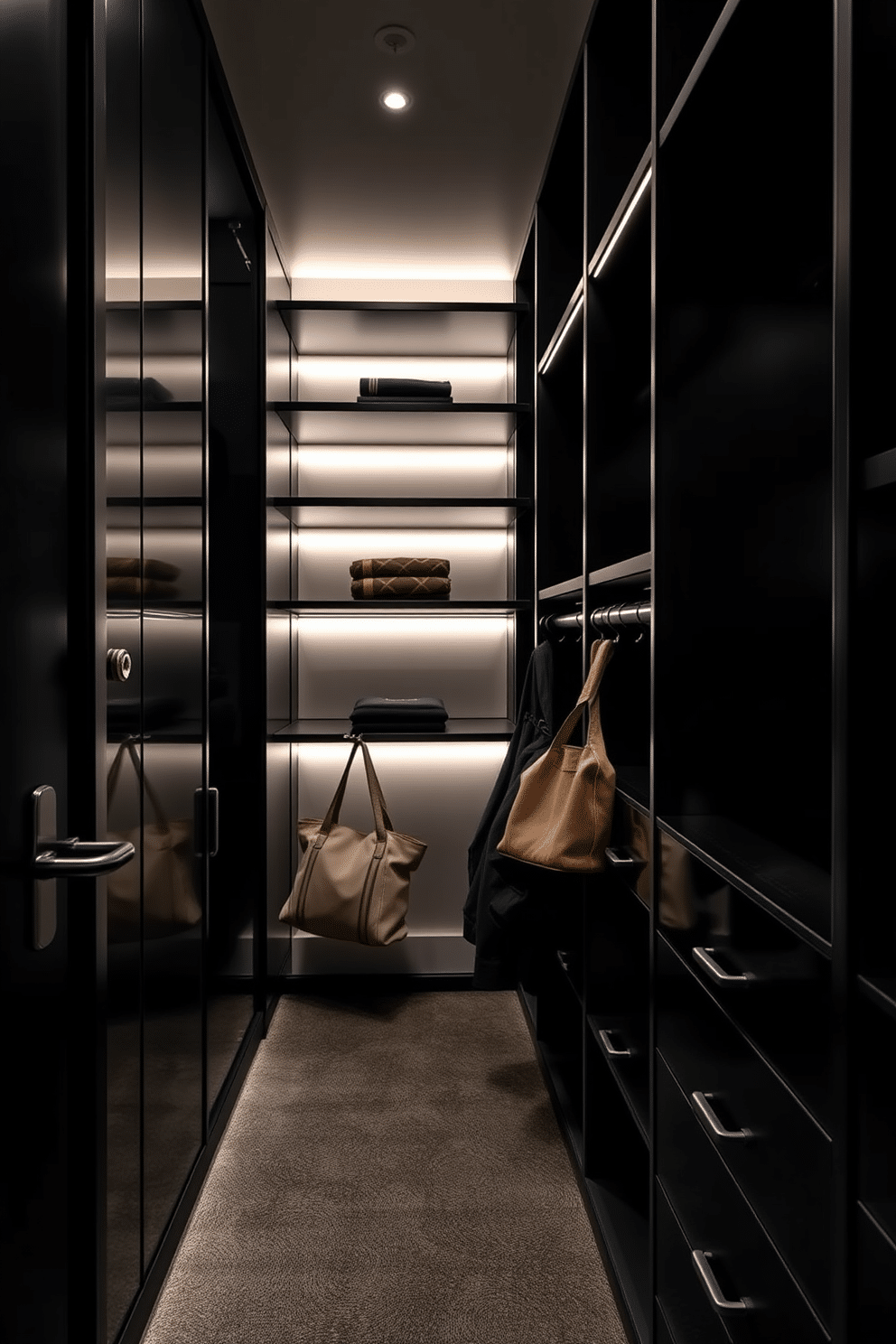 A sleek black walk-in closet featuring functional hooks for bags and accessories. The walls are lined with elegant shelving, and soft LED lighting highlights the organized space, creating a luxurious atmosphere.