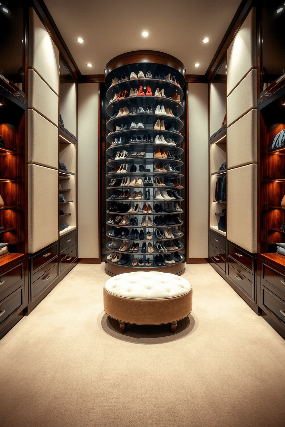 A luxurious walk-in closet featuring a rotating shoe carousel that allows for easy selection of footwear. The space is elegantly designed with soft ambient lighting and rich, dark wood cabinetry, creating a sophisticated atmosphere. The walls are lined with plush, neutral-colored fabric to add warmth and texture. A stylish ottoman sits in the center, providing a comfortable space to sit while choosing the perfect pair of shoes.