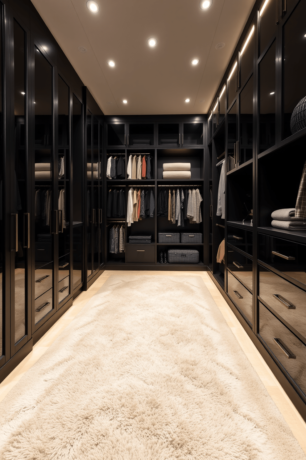 A luxurious walk-in closet designed with sleek black cabinetry and ample shelving for organized storage. Soft area rugs in a plush texture cover the floor, enhancing comfort and inviting a sense of relaxation as you browse your wardrobe.