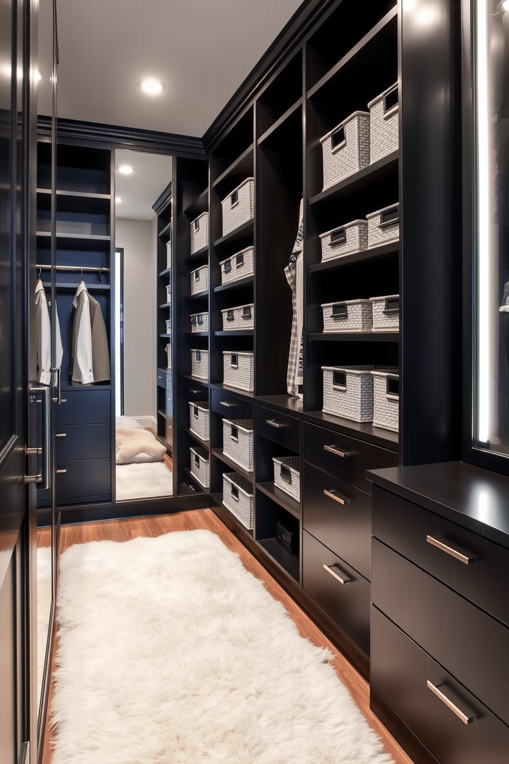 Stylish storage bins in a sleek black walk-in closet create an organized and modern aesthetic. The bins are arranged neatly on custom shelves, complementing the dark wood cabinetry and providing a pop of texture against the smooth surfaces. Incorporating soft lighting enhances the luxurious feel of the space, highlighting the elegant finishes. A plush area rug adds warmth underfoot, while a full-length mirror reflects the chic design, making the closet both functional and visually appealing.