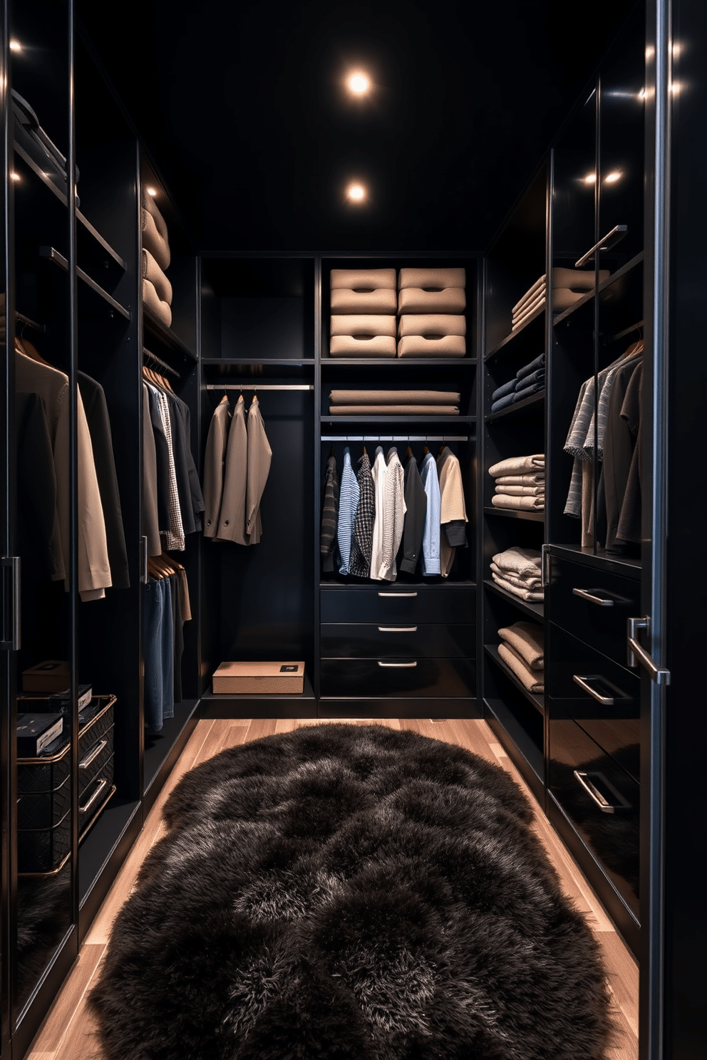 A luxurious black walk-in closet featuring a sleek design with color-coordinated clothing arranged neatly on custom shelving. The space is illuminated by recessed lighting, highlighting the polished black cabinetry and a plush area rug that adds warmth to the sophisticated environment.