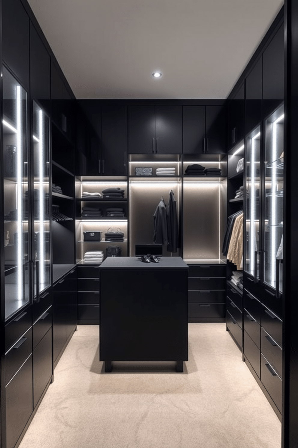 A modern walk-in closet featuring smart technology for automated lighting. The space is designed with sleek black cabinetry, open shelving, and a central island for accessories, all illuminated by soft, adjustable LED lights integrated into the ceiling and shelves.