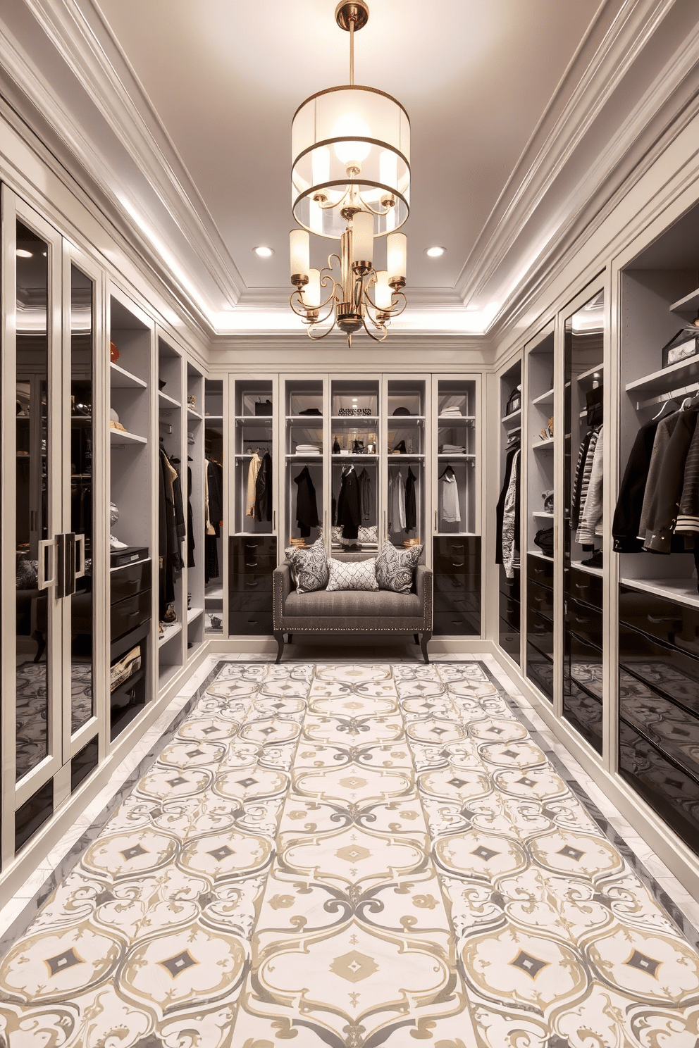 A luxurious walk-in closet featuring intricate tile patterns on the floor, combining shades of white and gray for a sophisticated look. The space is illuminated by elegant pendant lighting, highlighting custom shelving and a plush seating area adorned with decorative cushions.