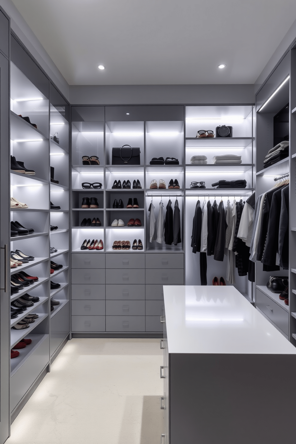 A sleek walk-in closet designed with a minimalist aesthetic. The space features hidden LED lighting integrated into the shelves, illuminating a collection of neatly arranged shoes and accessories without visible fixtures. The walls are clad in soft gray tones, enhancing the serene atmosphere. A central island with a smooth countertop provides additional storage and display space, while a full-length mirror reflects the organized elegance of the closet.