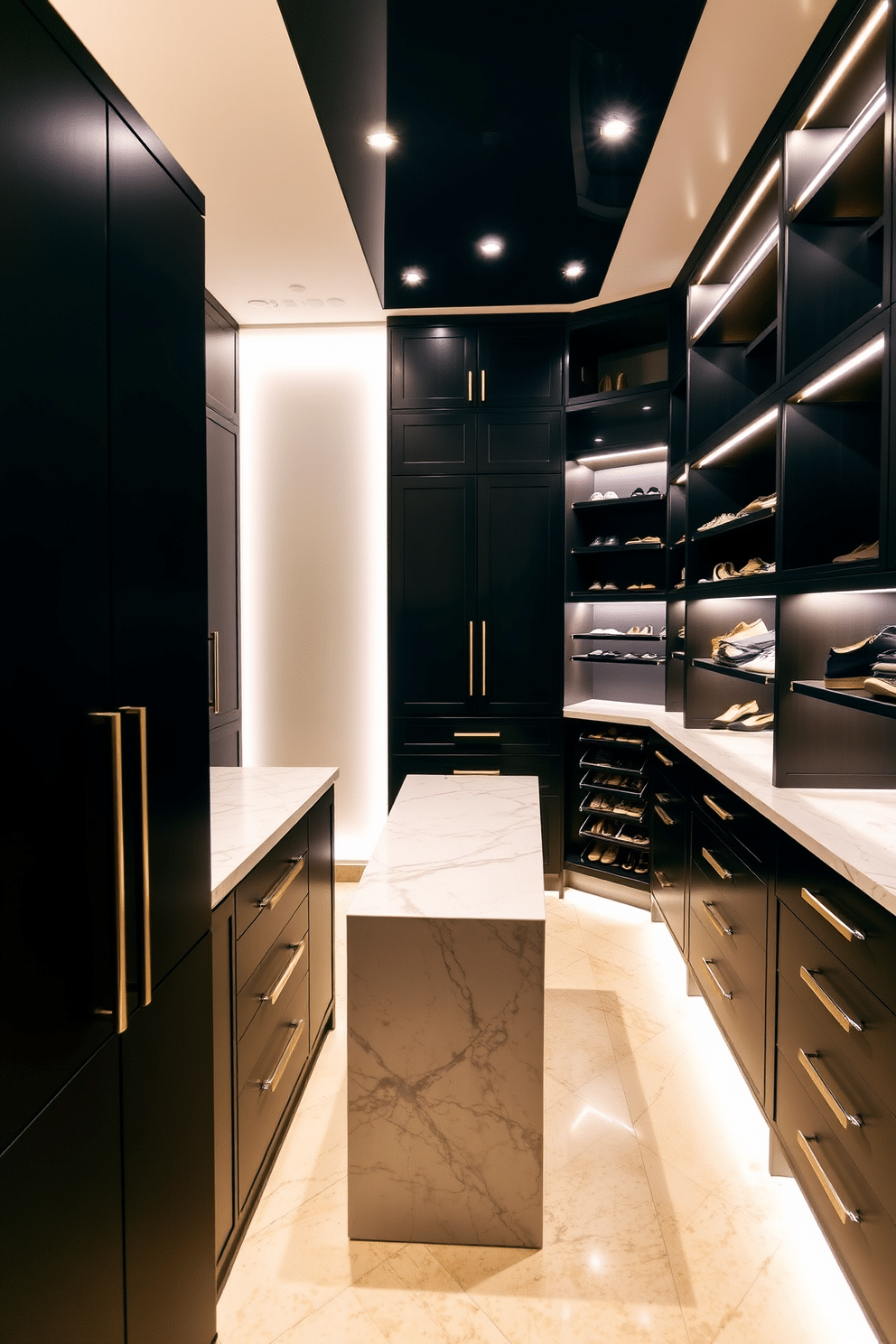 A luxurious walk-in closet featuring sleek black cabinetry with integrated accent lighting that highlights key design elements. The space includes a central island with a marble top, surrounded by custom shelving for shoes and accessories, creating an organized and elegant atmosphere.