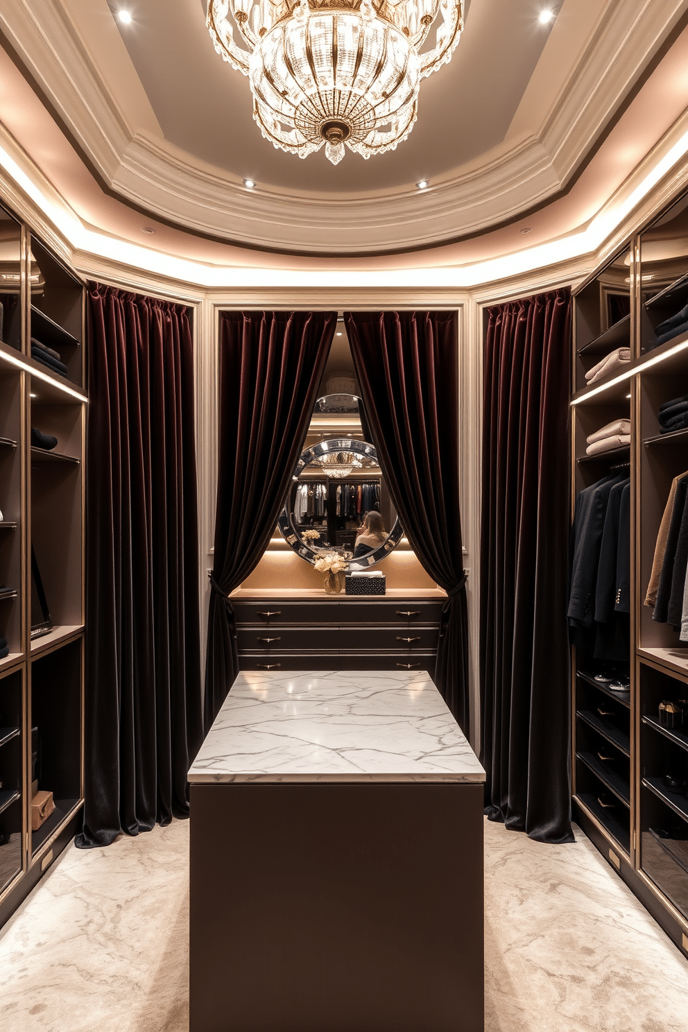 A luxurious walk-in closet featuring plush velvet curtains in a rich jewel tone that adds a chic touch to the space. The closet is organized with elegant shelving, a central island with a marble top, and soft ambient lighting that enhances the overall sophistication.