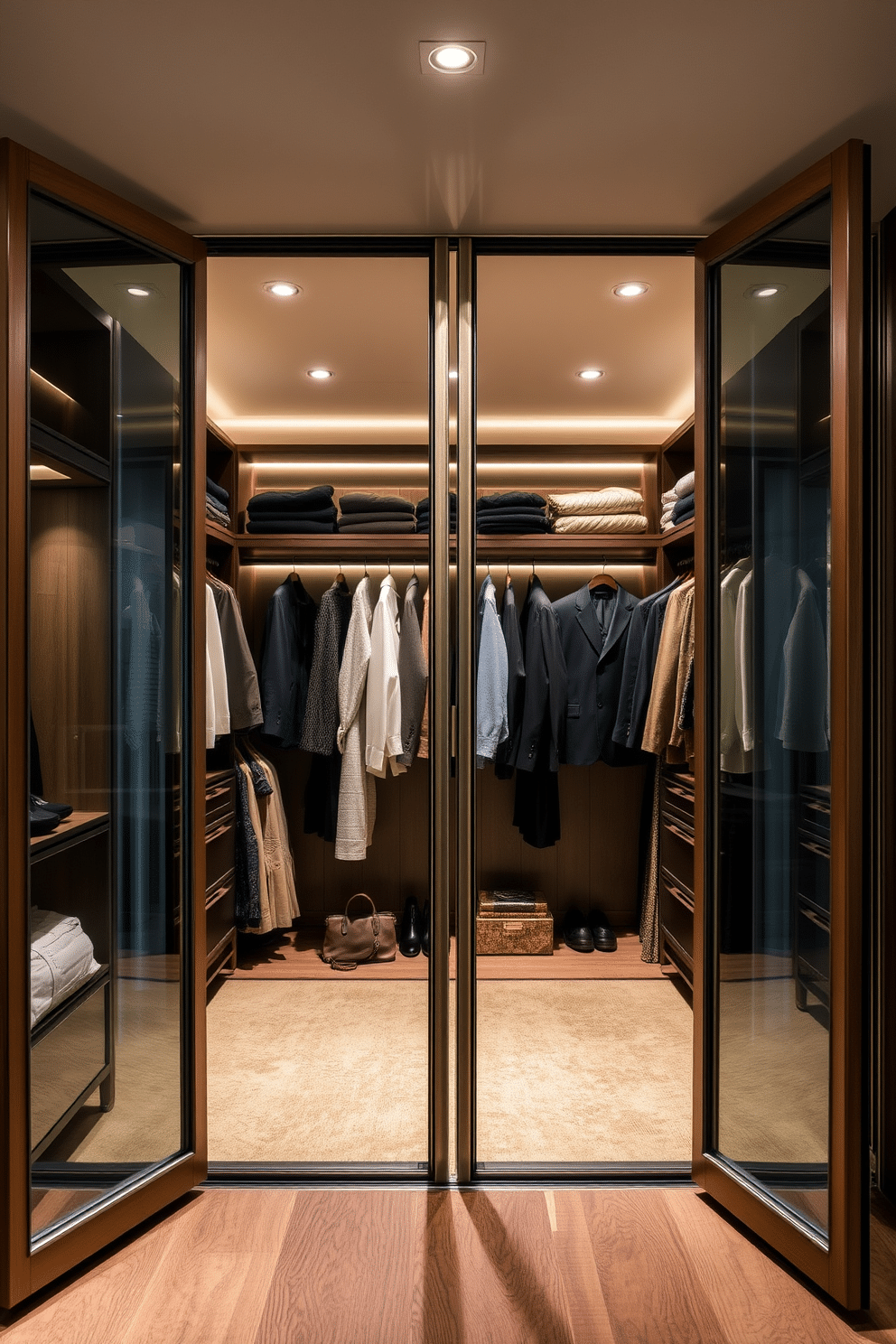 A luxurious walk-in closet features expansive glass doors that elegantly display neatly organized clothing, creating a sophisticated and inviting atmosphere. The interior is adorned with custom shelving and soft lighting, highlighting the rich textures of the fabrics and accessories within.