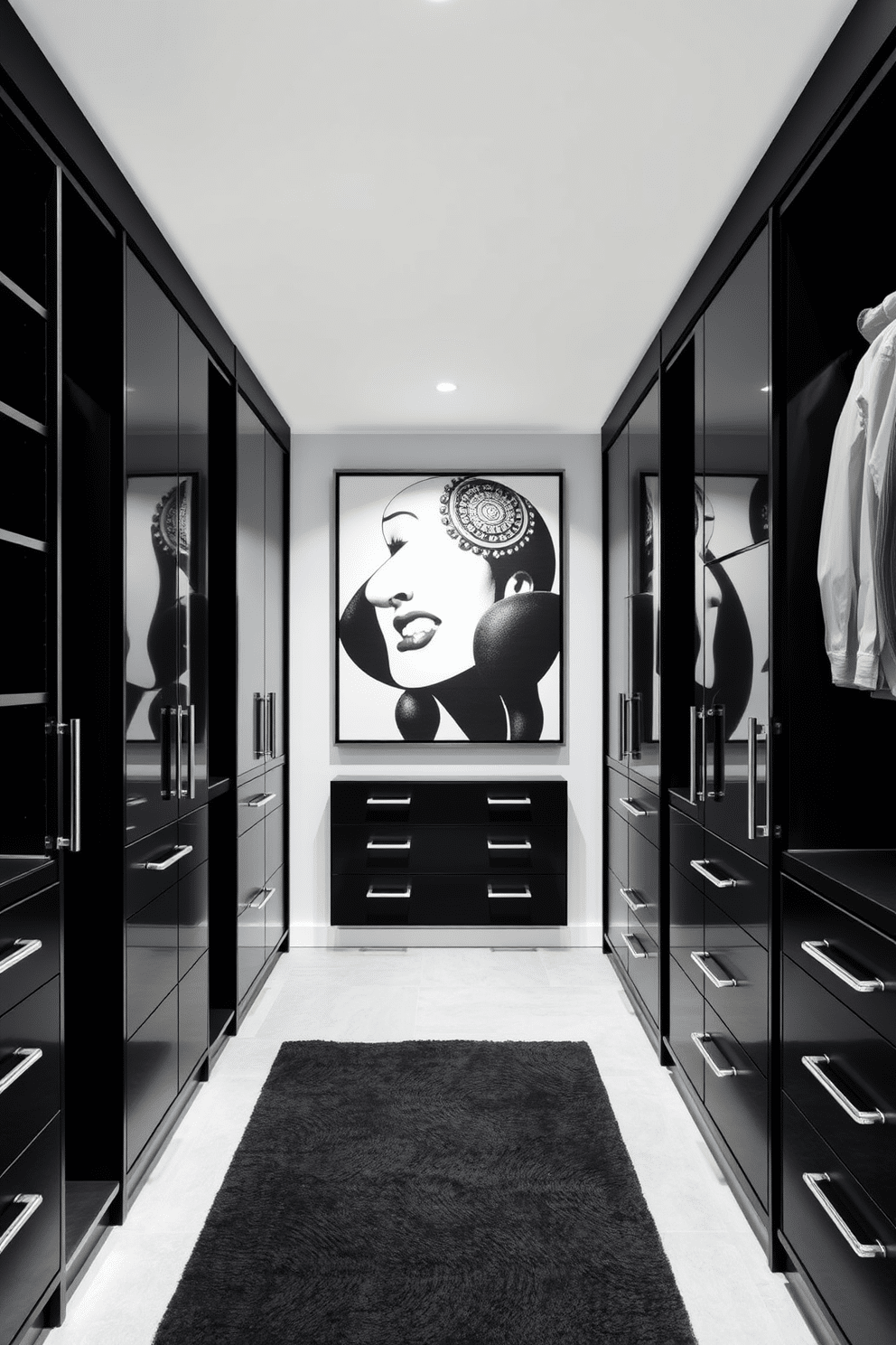 A luxurious walk-in closet designed with a monochrome color scheme, featuring sleek black cabinetry and polished chrome hardware. Bold, oversized artwork adorns the walls, creating a striking contrast against the minimalist backdrop and enhancing the overall elegance of the space.