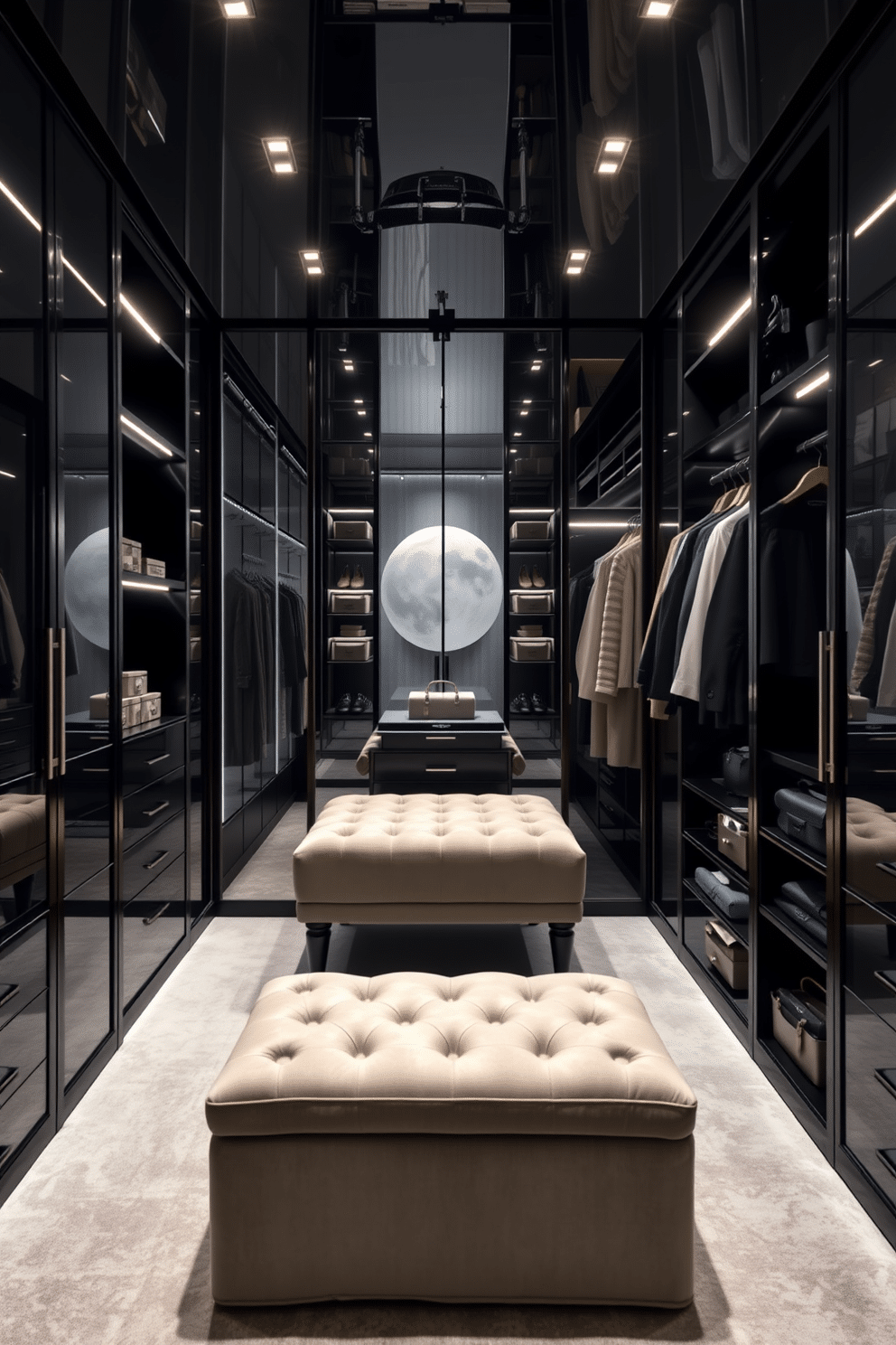 A luxurious walk-in closet featuring mirrored walls that create an illusion of spaciousness and light. The design includes custom shelving and hanging space, all finished in a sleek black lacquer for a modern aesthetic. Soft LED lighting highlights the elegant features, while a plush ottoman in the center provides a comfortable seating area. Accessories are neatly organized in stylish boxes, maintaining a clean and sophisticated look throughout the space.