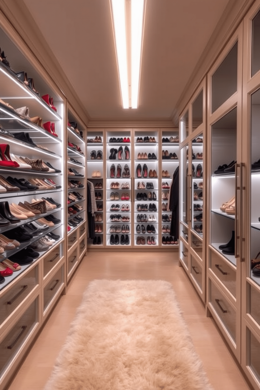 A luxurious walk-in closet featuring custom shoe racks illuminated with sleek LED lighting. The racks are designed to showcase an extensive collection of designer shoes, arranged by color and style for easy access and visual appeal. The walls are lined with elegant cabinetry, providing ample storage for clothing and accessories. Soft, ambient lighting creates a warm atmosphere, while a plush area rug adds comfort underfoot.