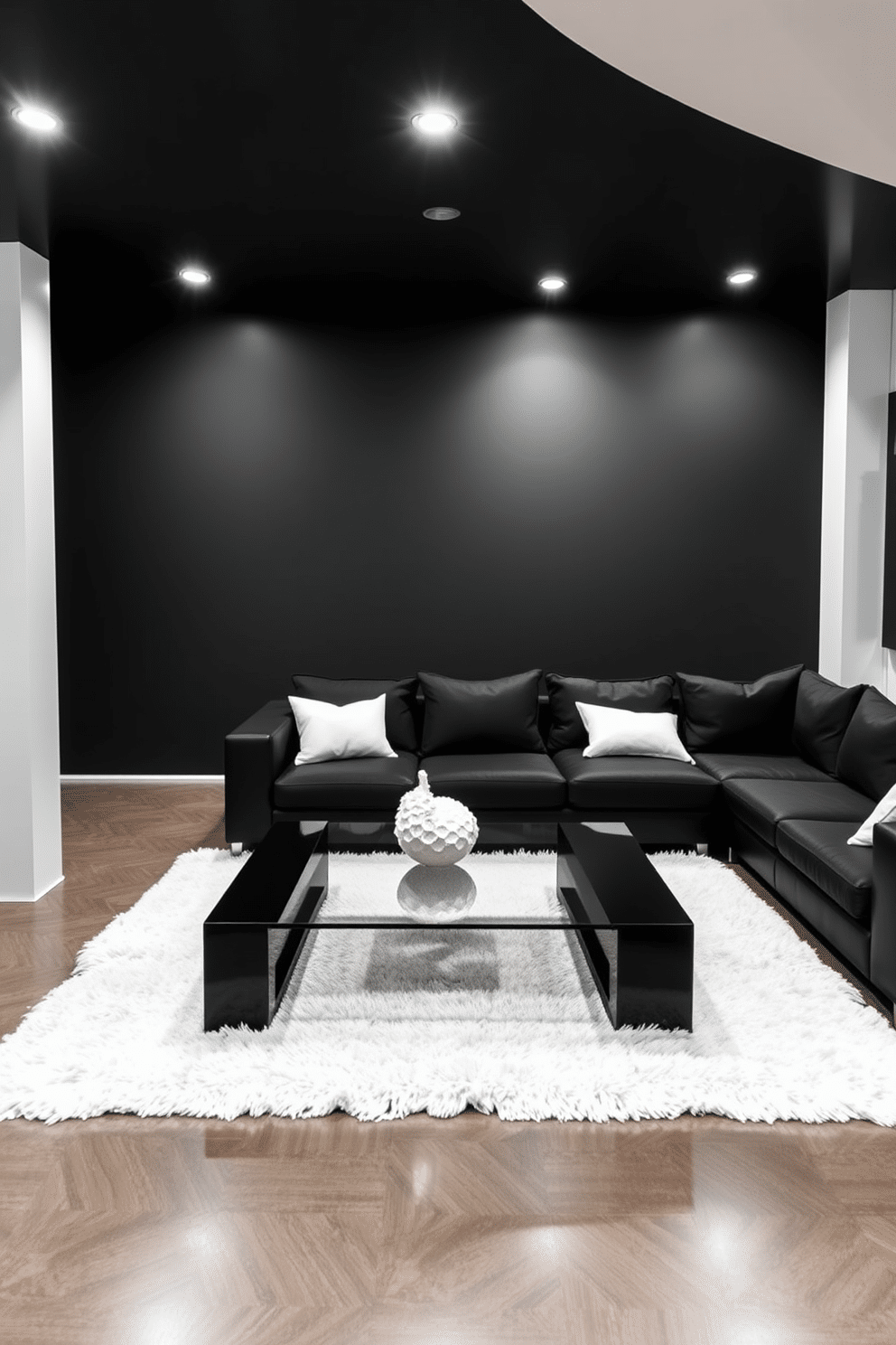 A modern basement featuring sleek black furniture accented with crisp white details. The space includes a stylish black sectional sofa paired with white throw pillows, creating a striking contrast against the dark walls. In the center, a minimalist black coffee table sits atop a plush white area rug. The lighting is soft and ambient, with recessed lights illuminating the space, enhancing the overall chic aesthetic.