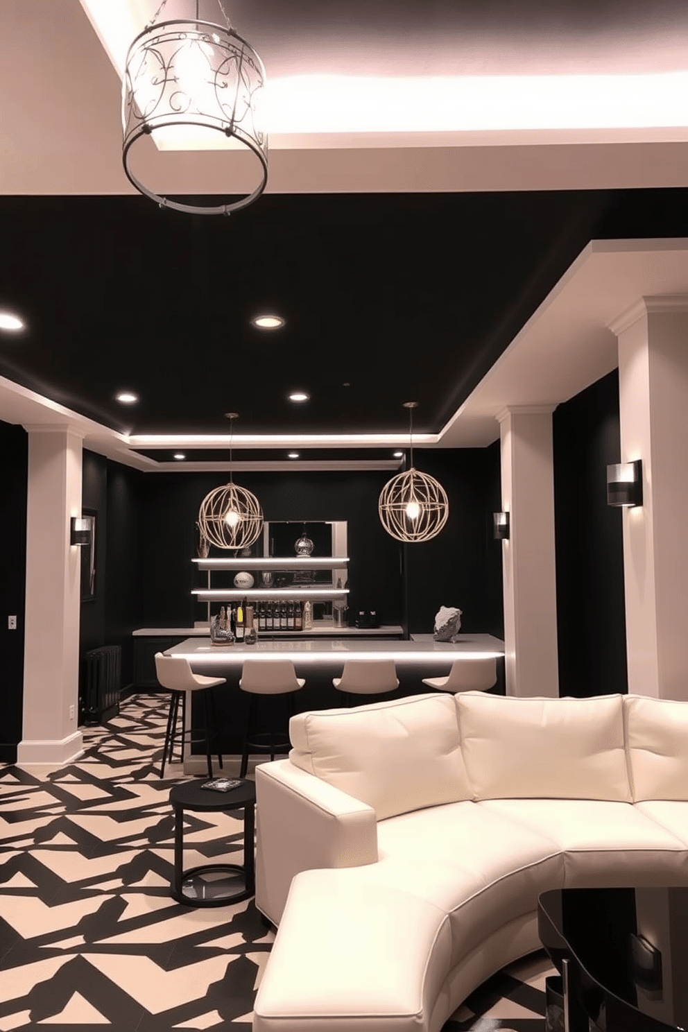 Layered lighting creates a cozy ambiance in a stylish basement retreat. Soft recessed lights illuminate the ceiling, while decorative pendant lights hang over a sleek bar area, casting a warm glow. The black and white design features bold geometric patterns on the floor, complemented by a plush white sectional sofa. Accent walls painted in deep black enhance the space, creating a dramatic yet inviting atmosphere.