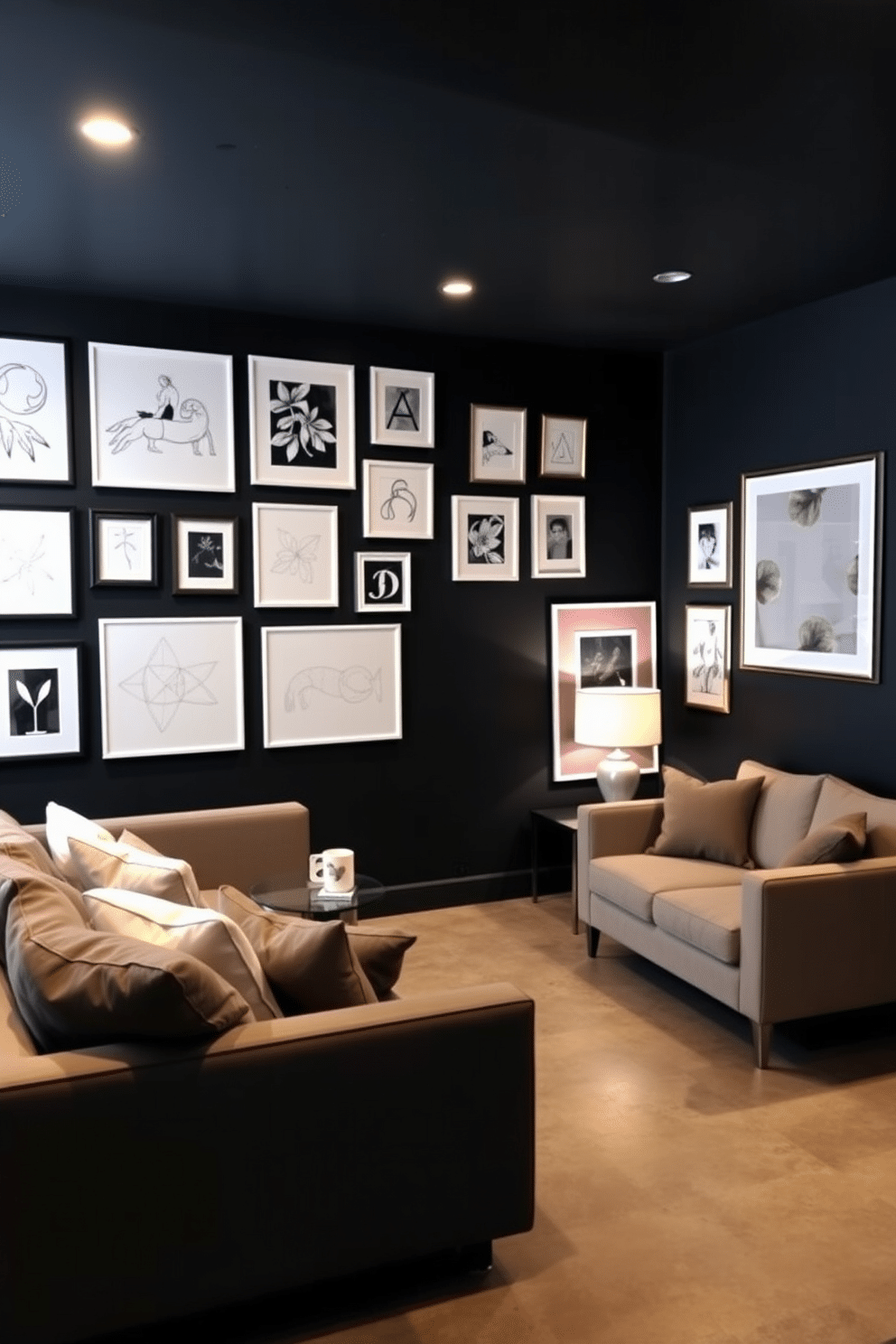 A striking black accent wall serves as the focal point of the basement, adorned with an array of white artwork that contrasts beautifully against the dark background. The room features sleek, modern furniture in shades of gray and white, creating a chic and inviting atmosphere. The flooring is a polished concrete, enhancing the contemporary feel, while strategically placed lighting highlights the artwork and adds warmth to the space. Cozy seating areas with plush cushions invite relaxation, making this basement a stylish retreat for entertainment and leisure.