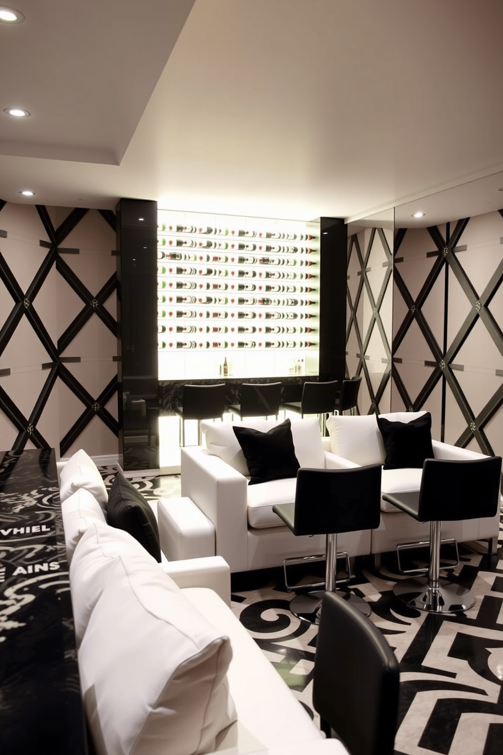 A contemporary bar area features sleek black stools arranged around a polished granite countertop. The backdrop showcases a stylish wine rack illuminated by soft LED lighting, enhancing the modern aesthetic. The black and white basement design incorporates geometric patterns on the walls and flooring, creating a striking visual contrast. Plush white sofas are accented with black throw pillows, providing a cozy yet sophisticated atmosphere.